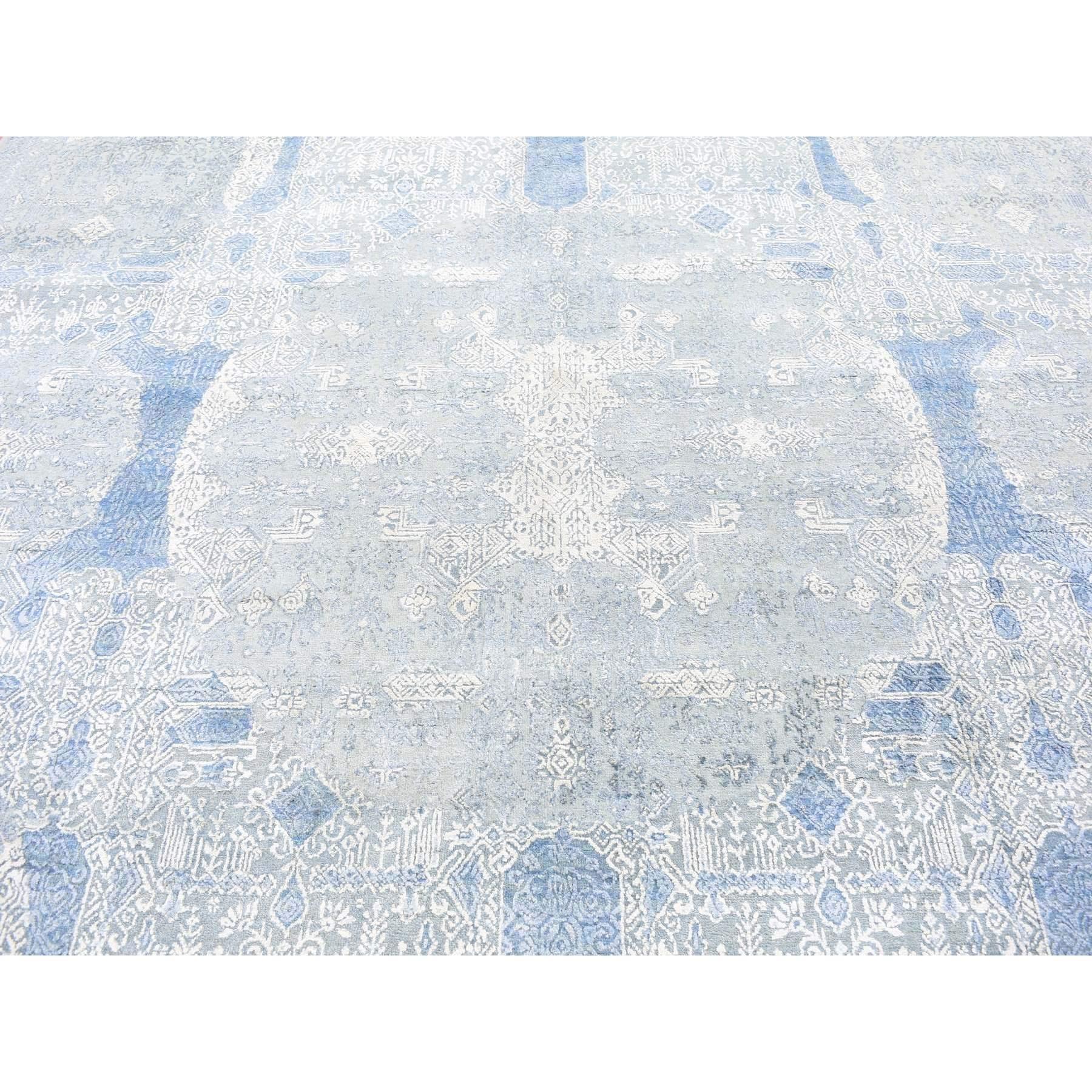 Indian Blue Wool and Pure Silk Hand Knotted Jewellery Design Oriental Rug 9'0