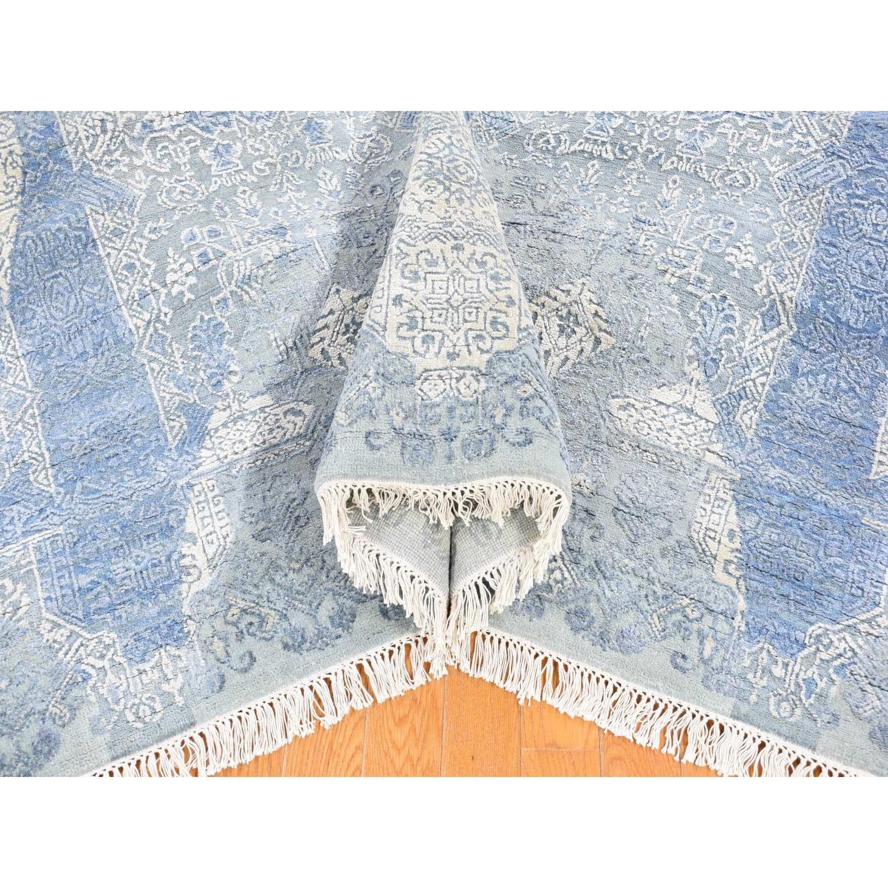 Hand-Knotted Blue Wool and Pure Silk Hand Knotted Jewellery Design Oriental Rug 9'0