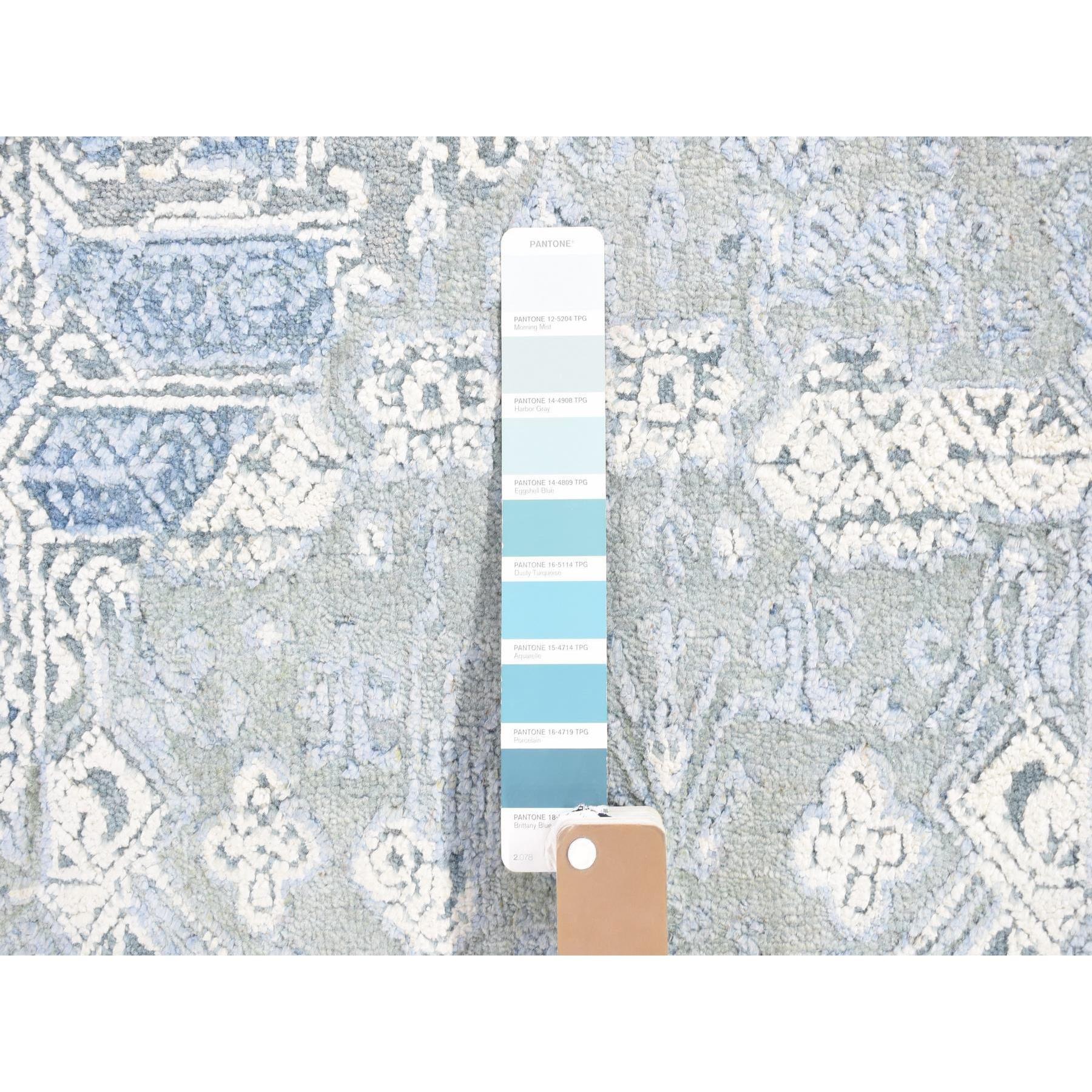 Contemporary Blue Wool and Pure Silk Hand Knotted Jewellery Design Oriental Rug 9'0