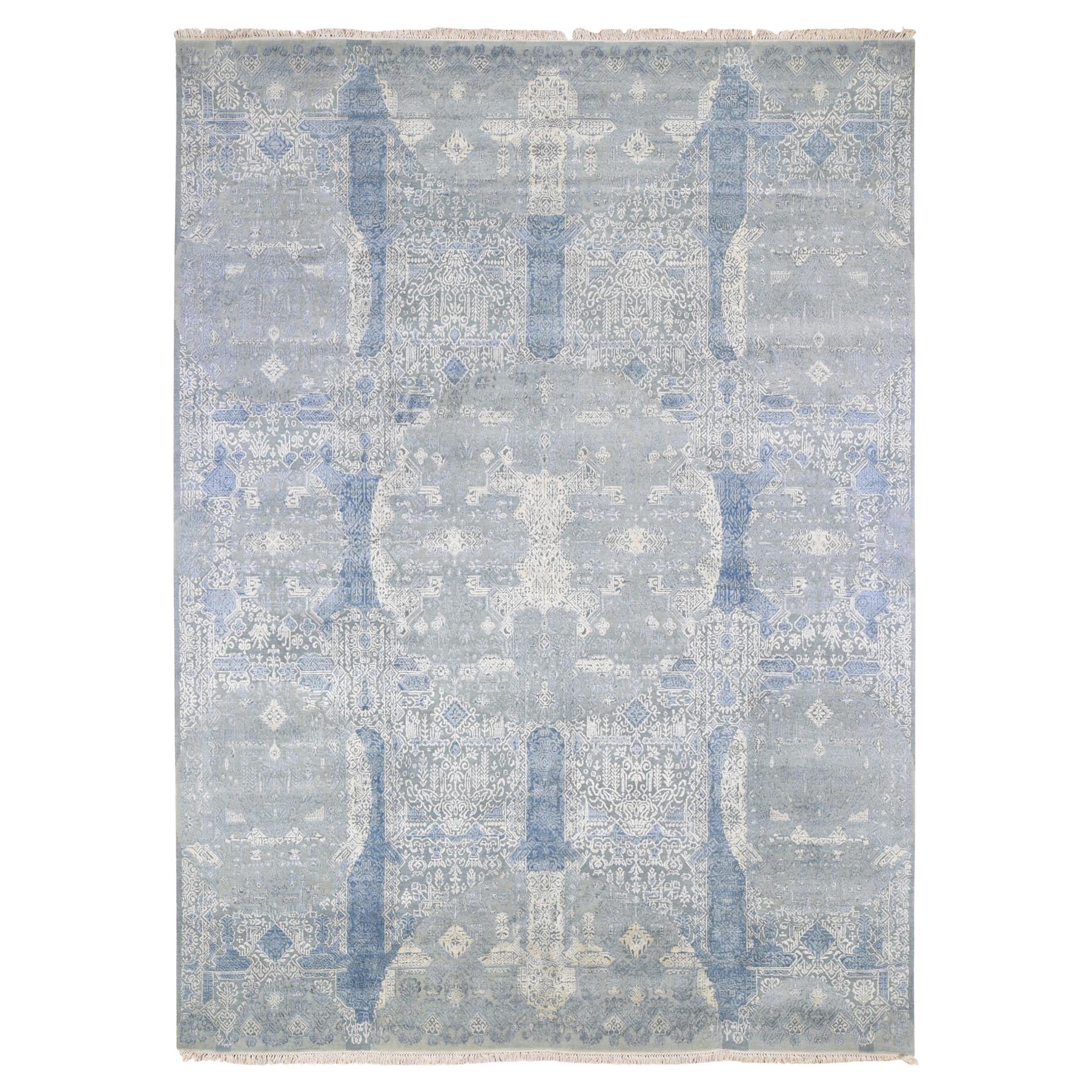 Blue Wool and Pure Silk Hand Knotted Jewellery Design Oriental Rug 9'0" x 12'2"