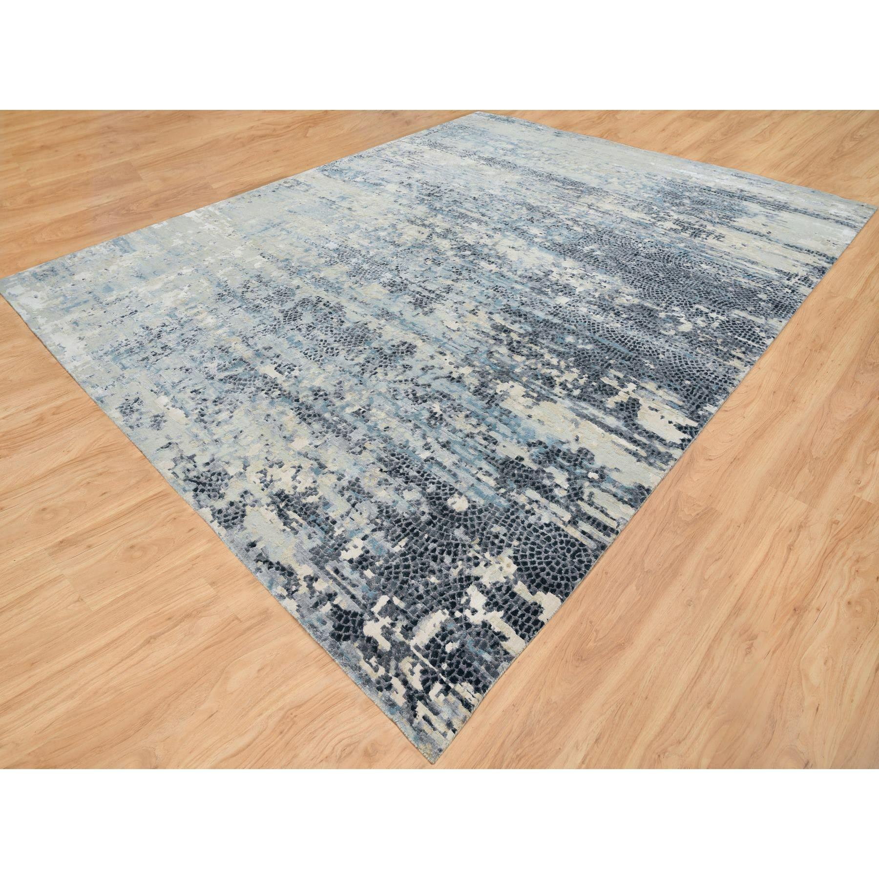 Moderno Tappeto blu in lana e seta annodato a mano dal design moderno e sovradimensionato 11'10