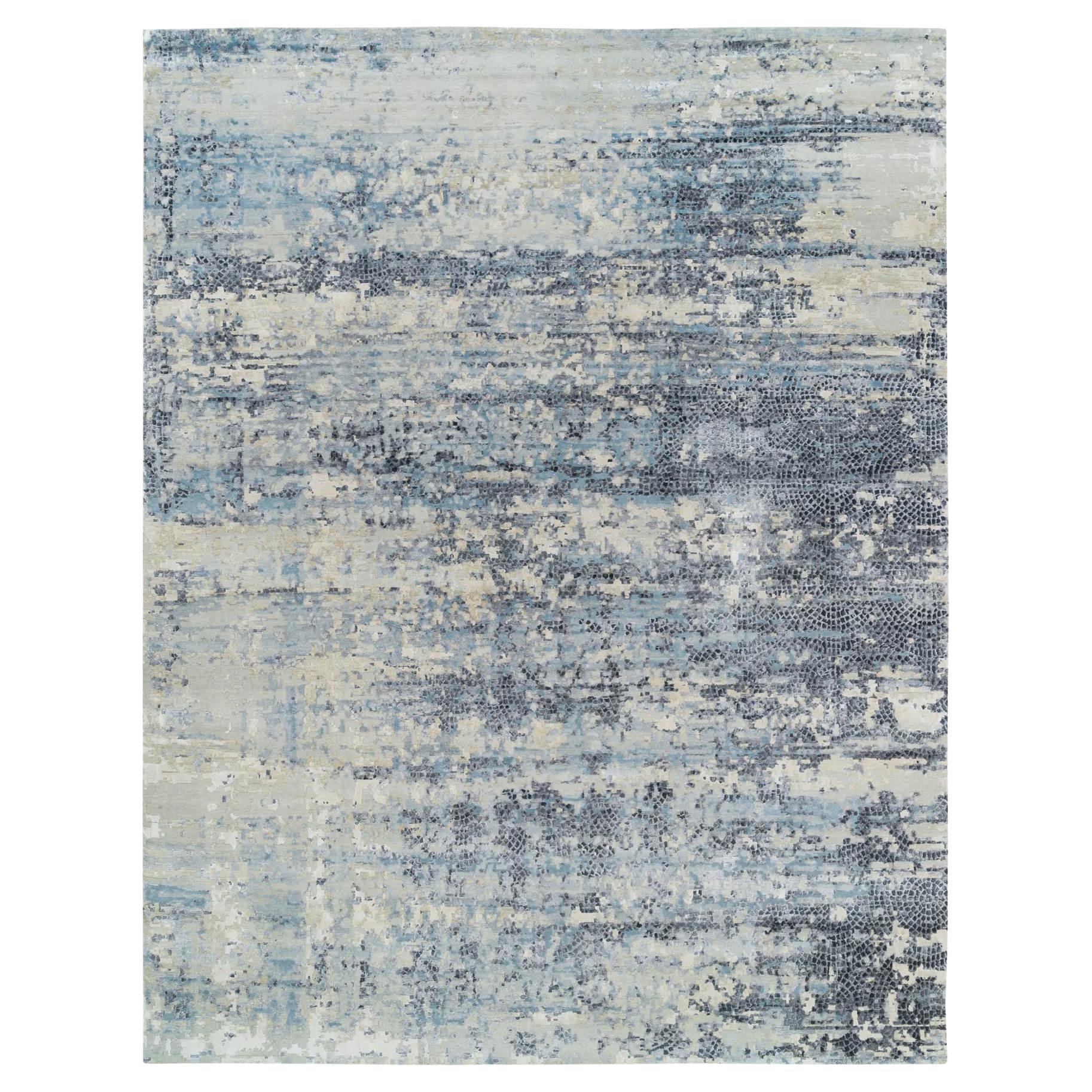 Blue Wool and Silk Hand Knotted Modern Design Oversized Rug 11'10" x 14'10"