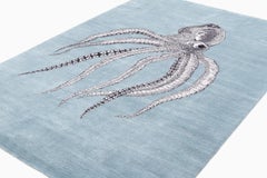 Modern Handmade Octopus Art Silk and Wool Area Rug Inky Blue by Joseph Carini