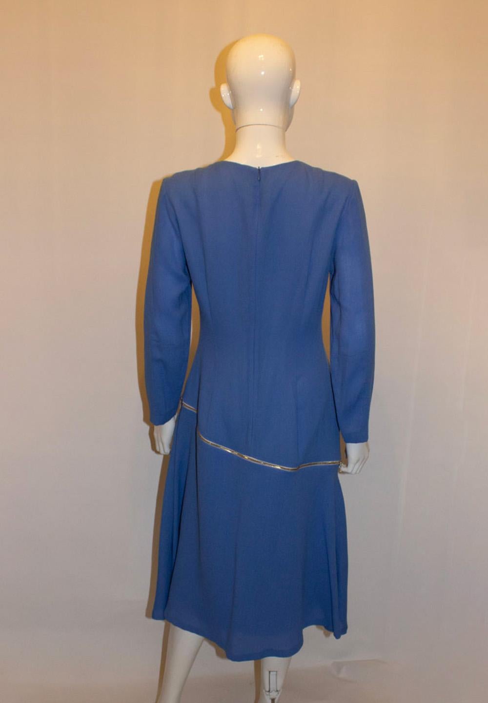 Blue Wool Crepe Couture Dress by Benjamin Friman In Good Condition For Sale In London, GB