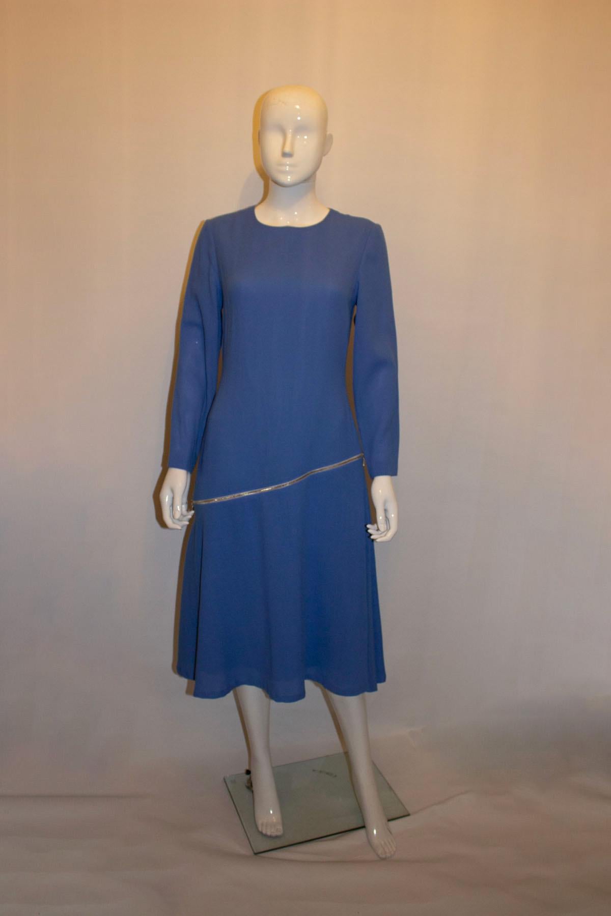 Women's Blue Wool Crepe Couture Dress by Benjamin Friman For Sale