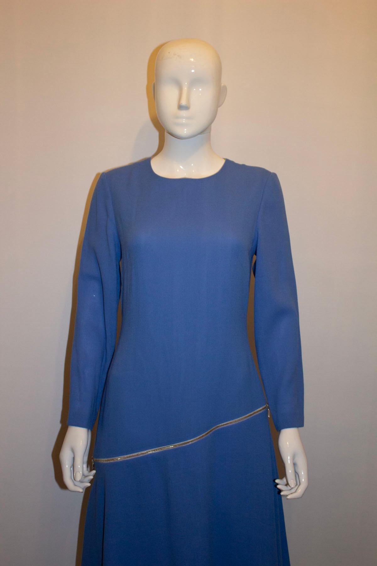 Blue Wool Crepe Couture Dress by Benjamin Friman For Sale 1