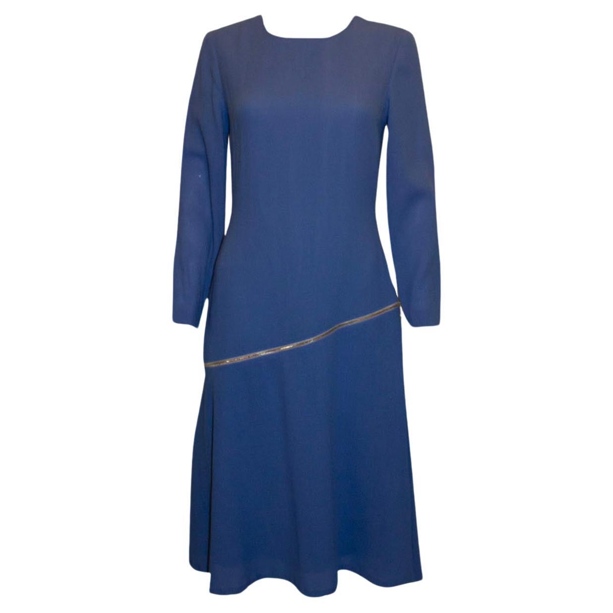 Blue Wool Crepe Couture Dress by Benjamin Friman For Sale