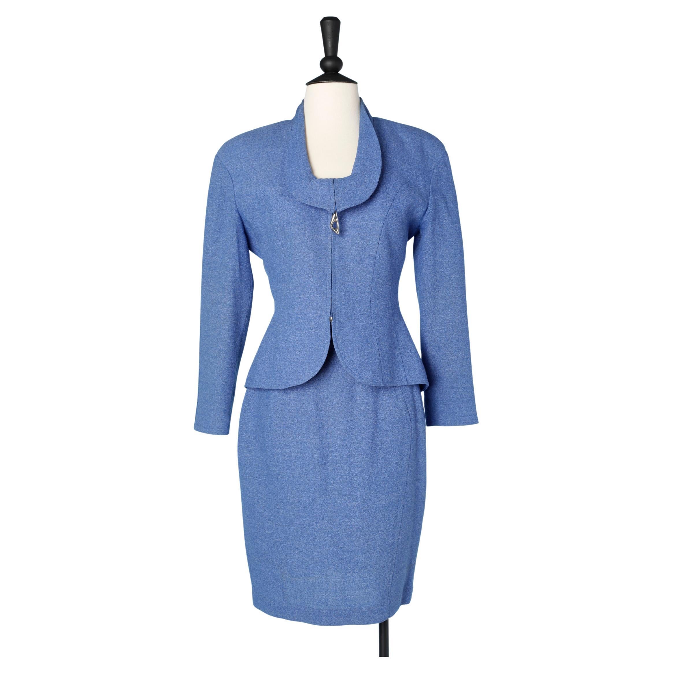 Blue wool flecked skirt suit Thierry Mugler 