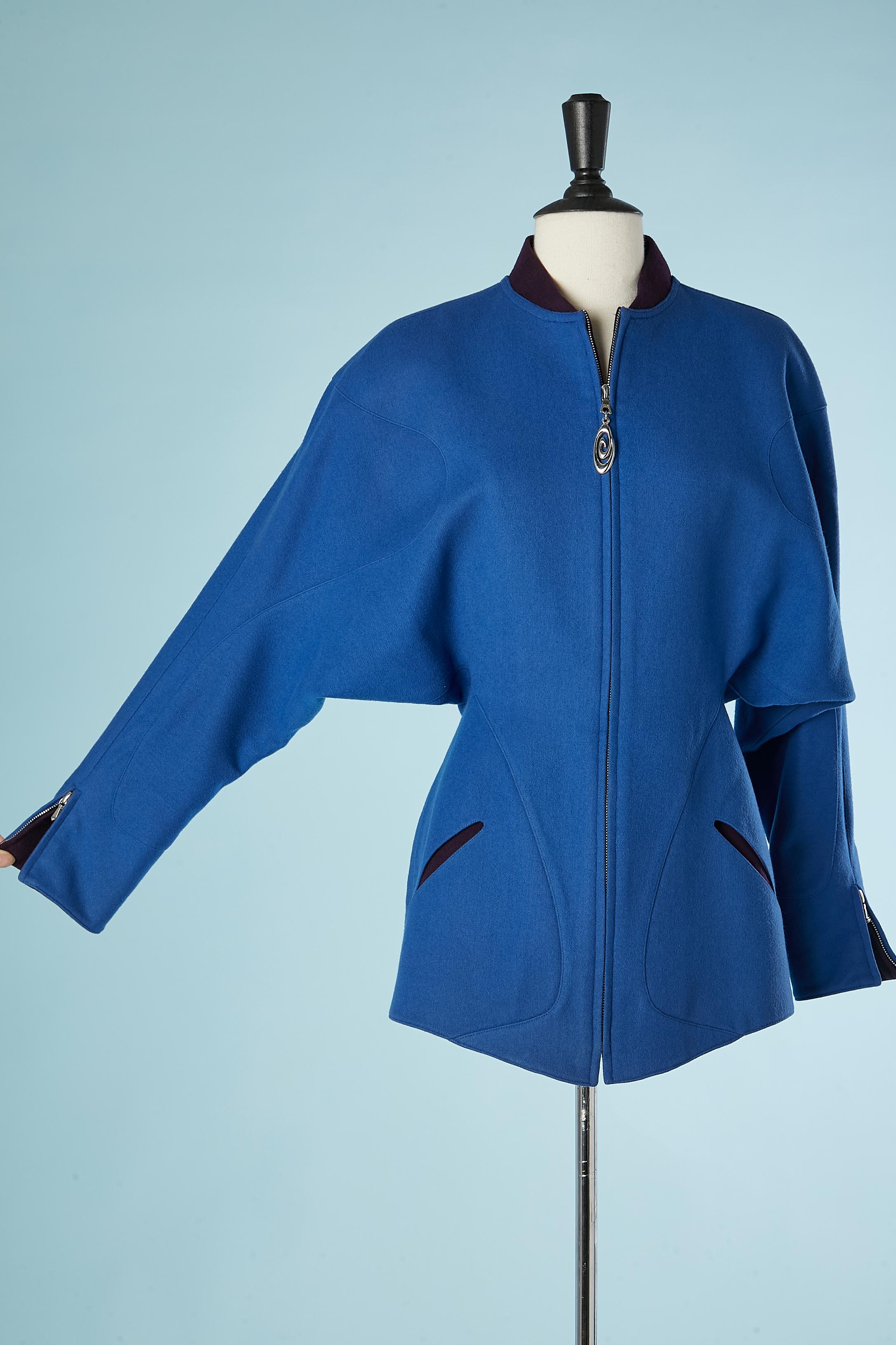 Blue wool jacket with burgundy details collar and pocket Thierry Mugler  In Excellent Condition In Saint-Ouen-Sur-Seine, FR