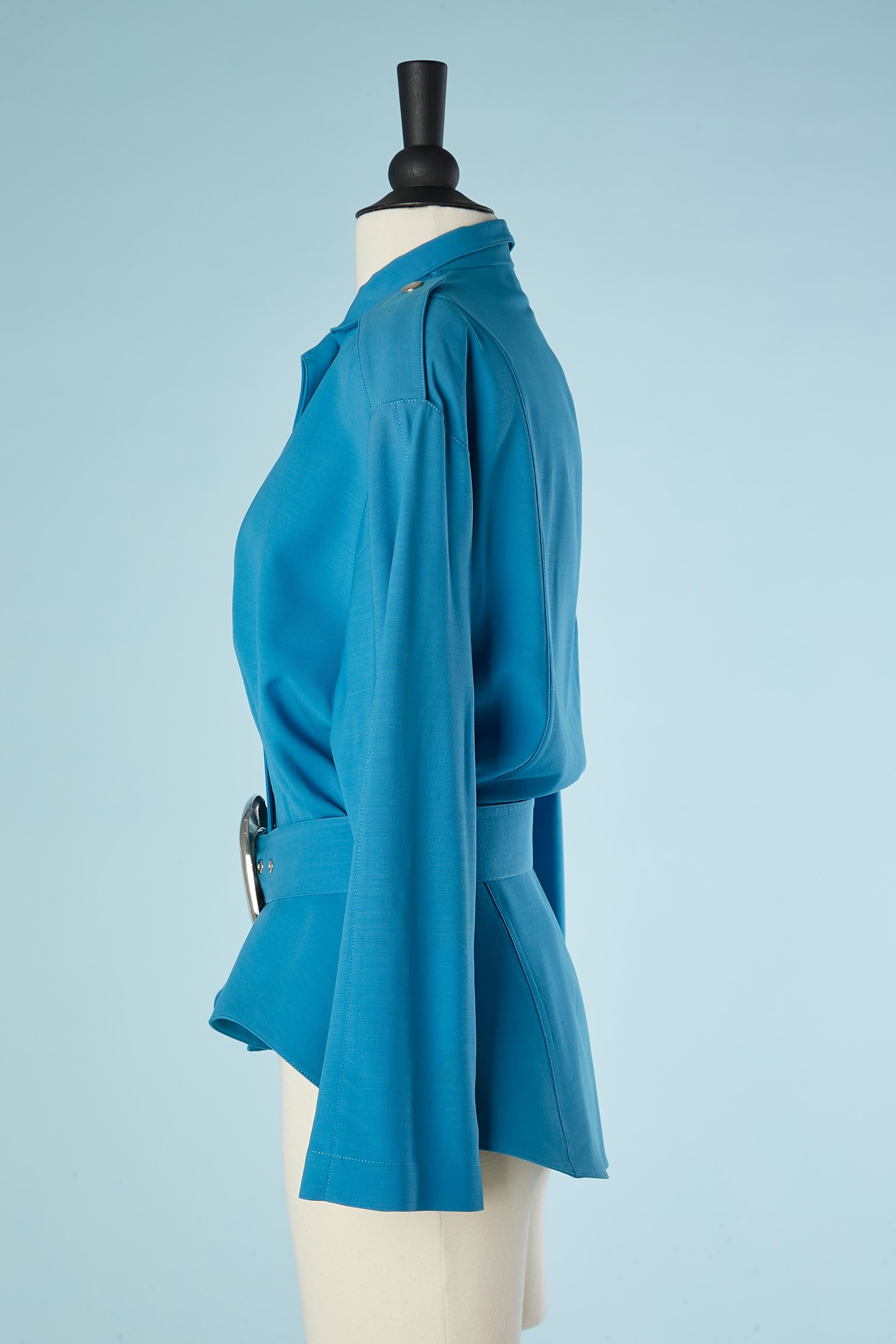 Blue wool jacket with cut-work, snaps  and belt with buckle Thierry Mugler  For Sale 1