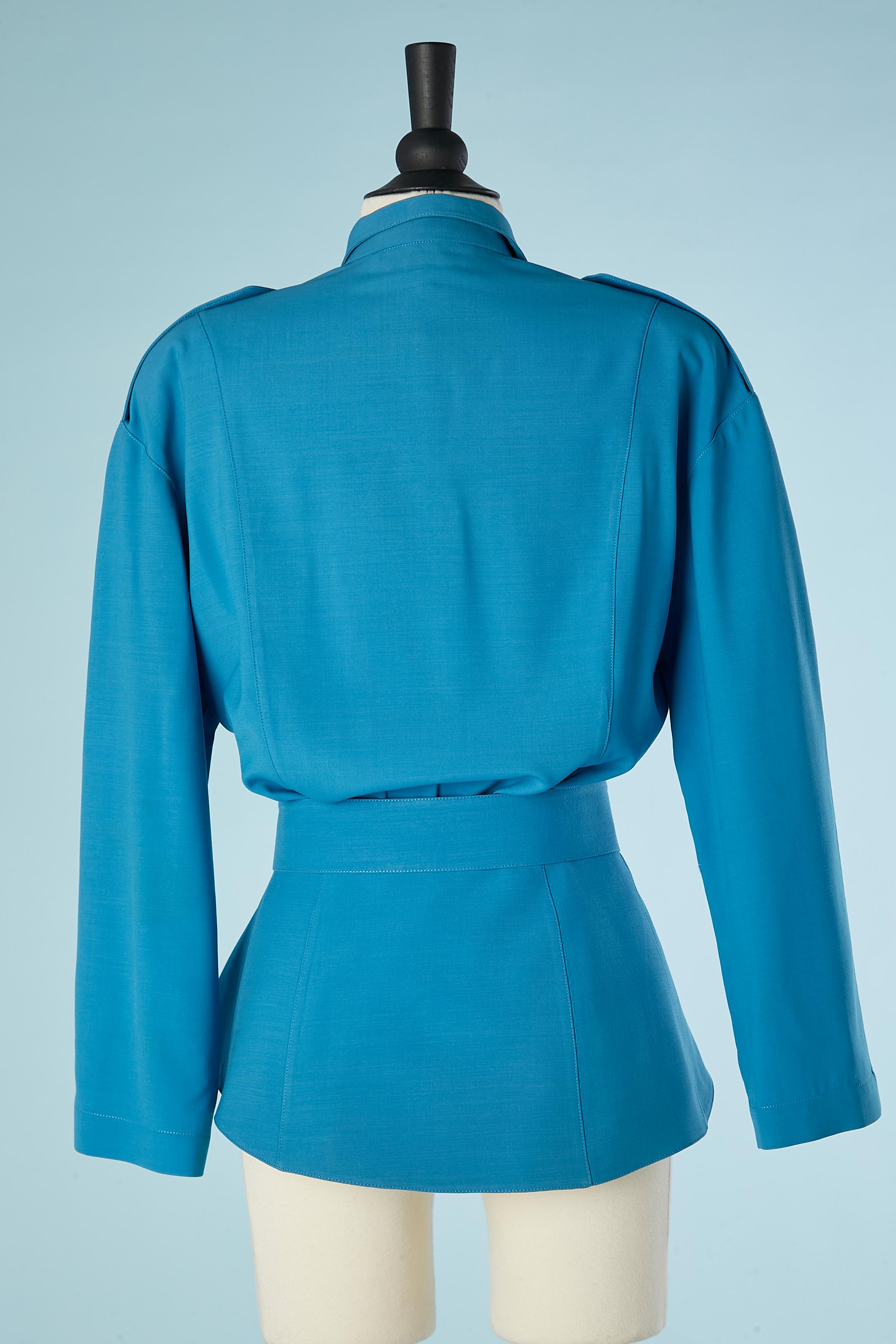 Blue wool jacket with cut-work, snaps  and belt with buckle Thierry Mugler  For Sale 2