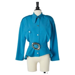 Blue wool jacket with cut-work, snaps  and belt with buckle Thierry Mugler 