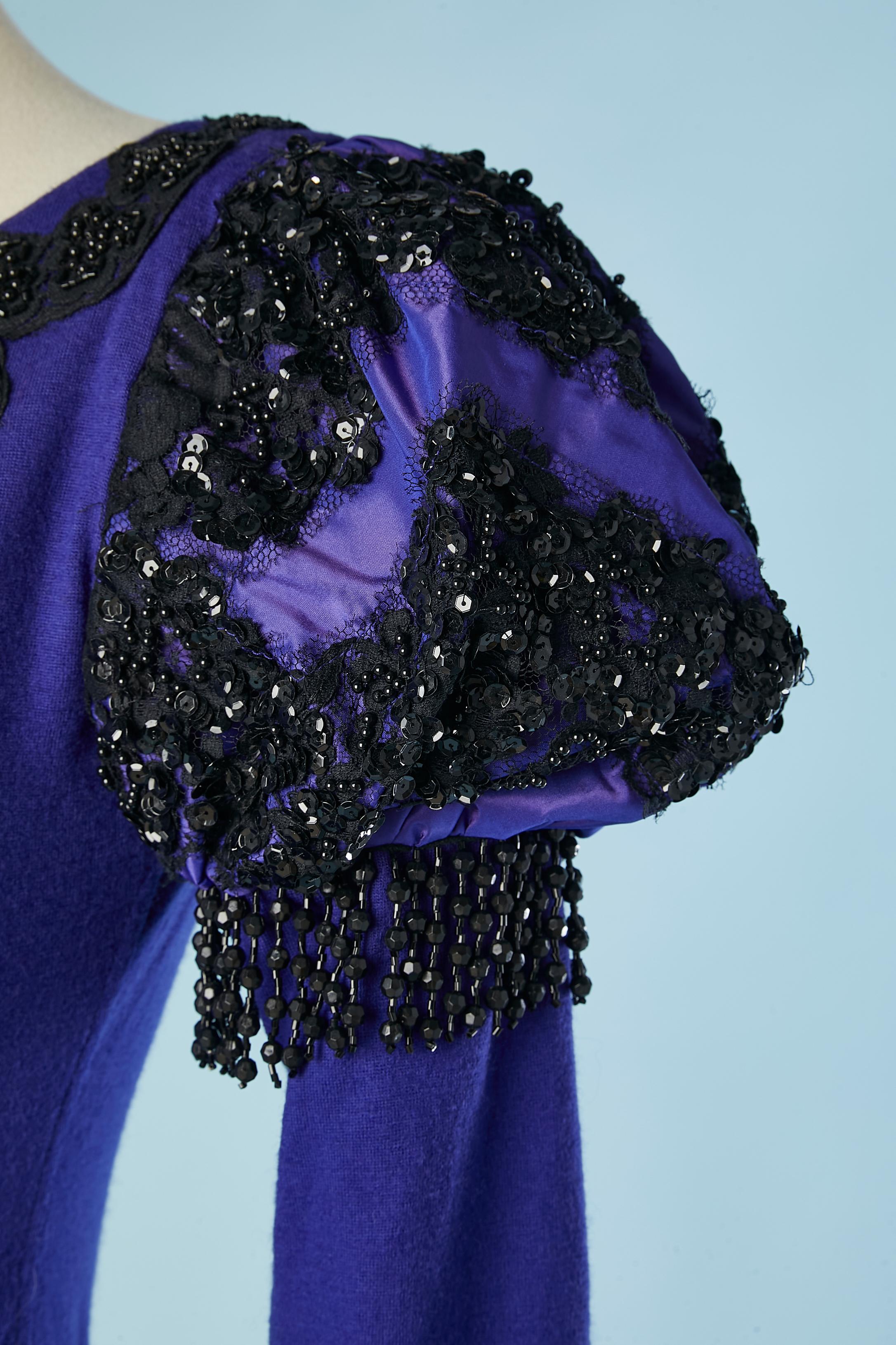 Purple Blue wool jersey evening ensemble with black embroideries Isabelle Allard  For Sale