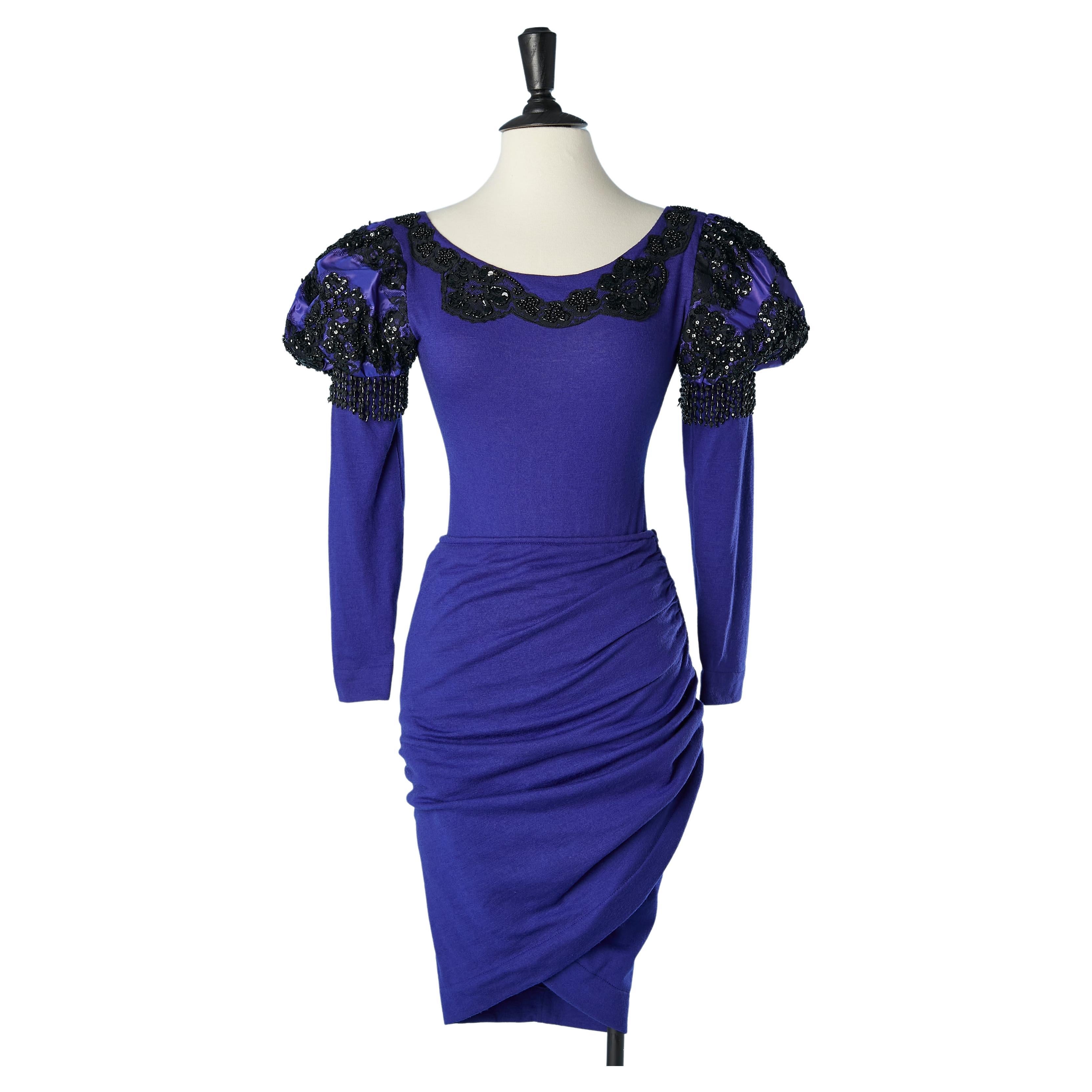 Blue wool jersey evening ensemble with black embroideries Isabelle Allard  For Sale