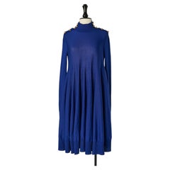 Blue wool knit dress with gold metal button on both shoulder ALEXANDER McQUEEN