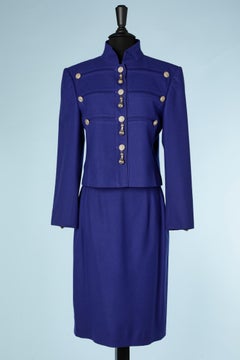 Blue wool skirt suit with gold metal embellishments Louis Féraud