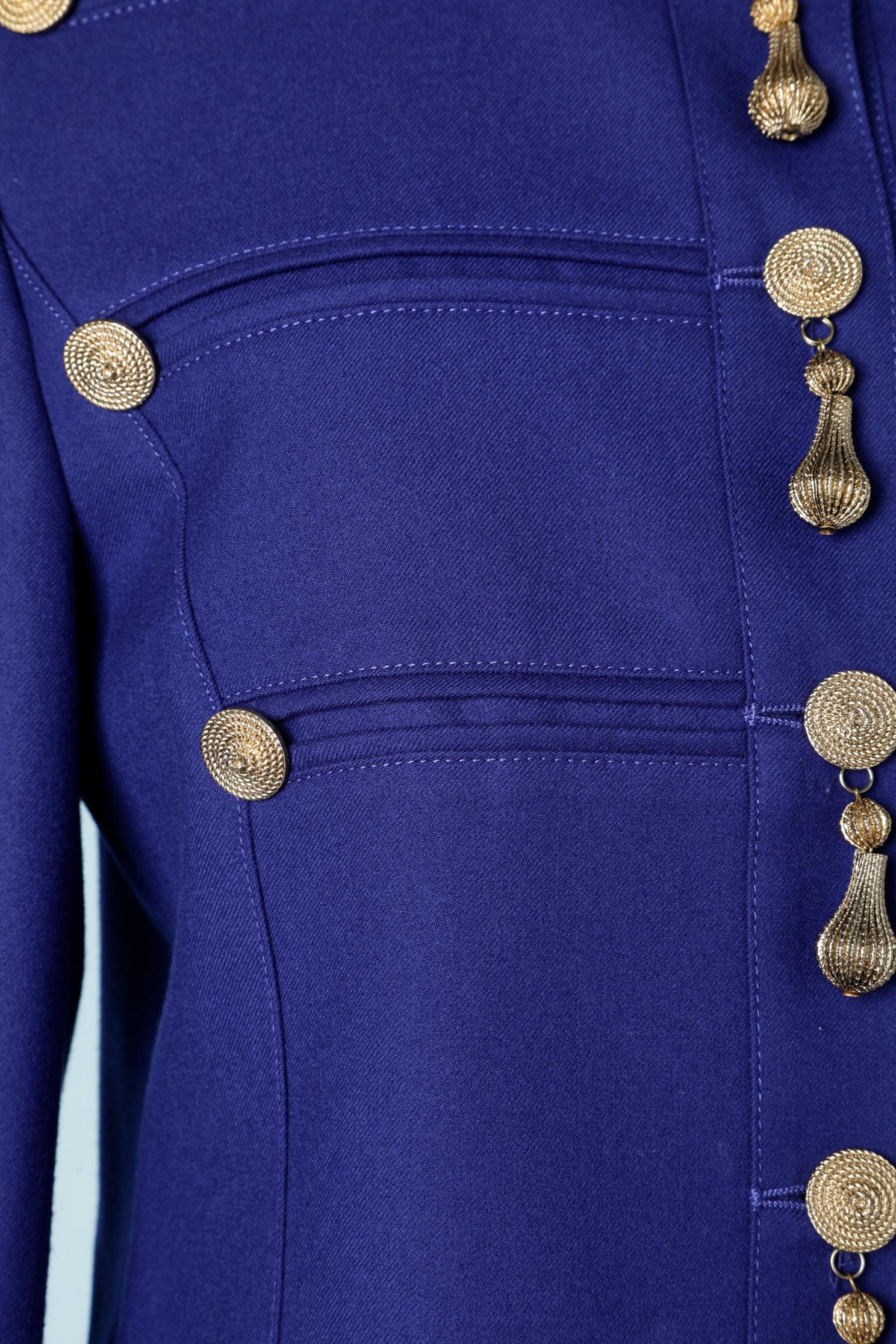 Purple Blue wool skirt suit with gold metal embellishments Louis Féraud  For Sale