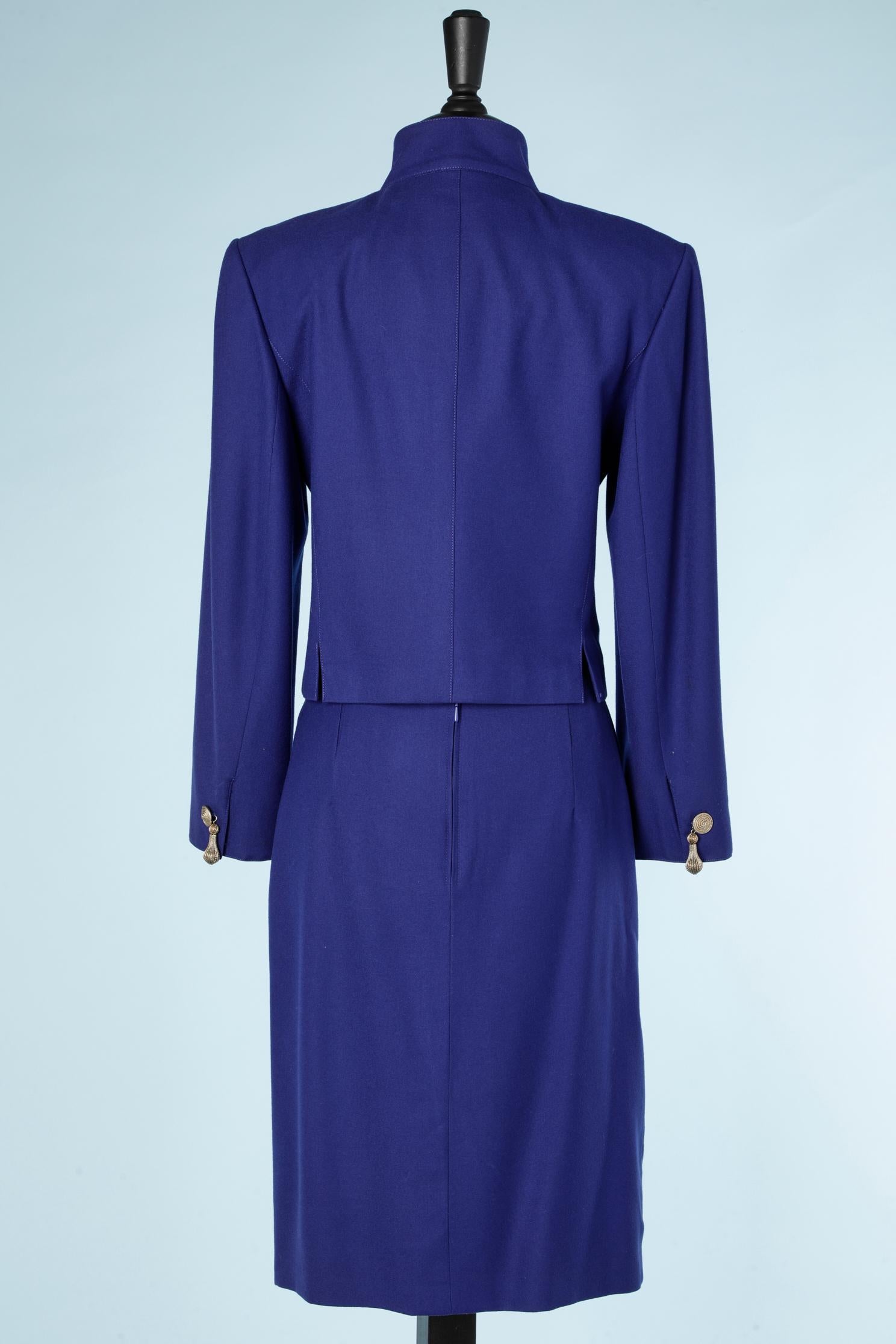 Women's Blue wool skirt suit with gold metal embellishments Louis Féraud  For Sale