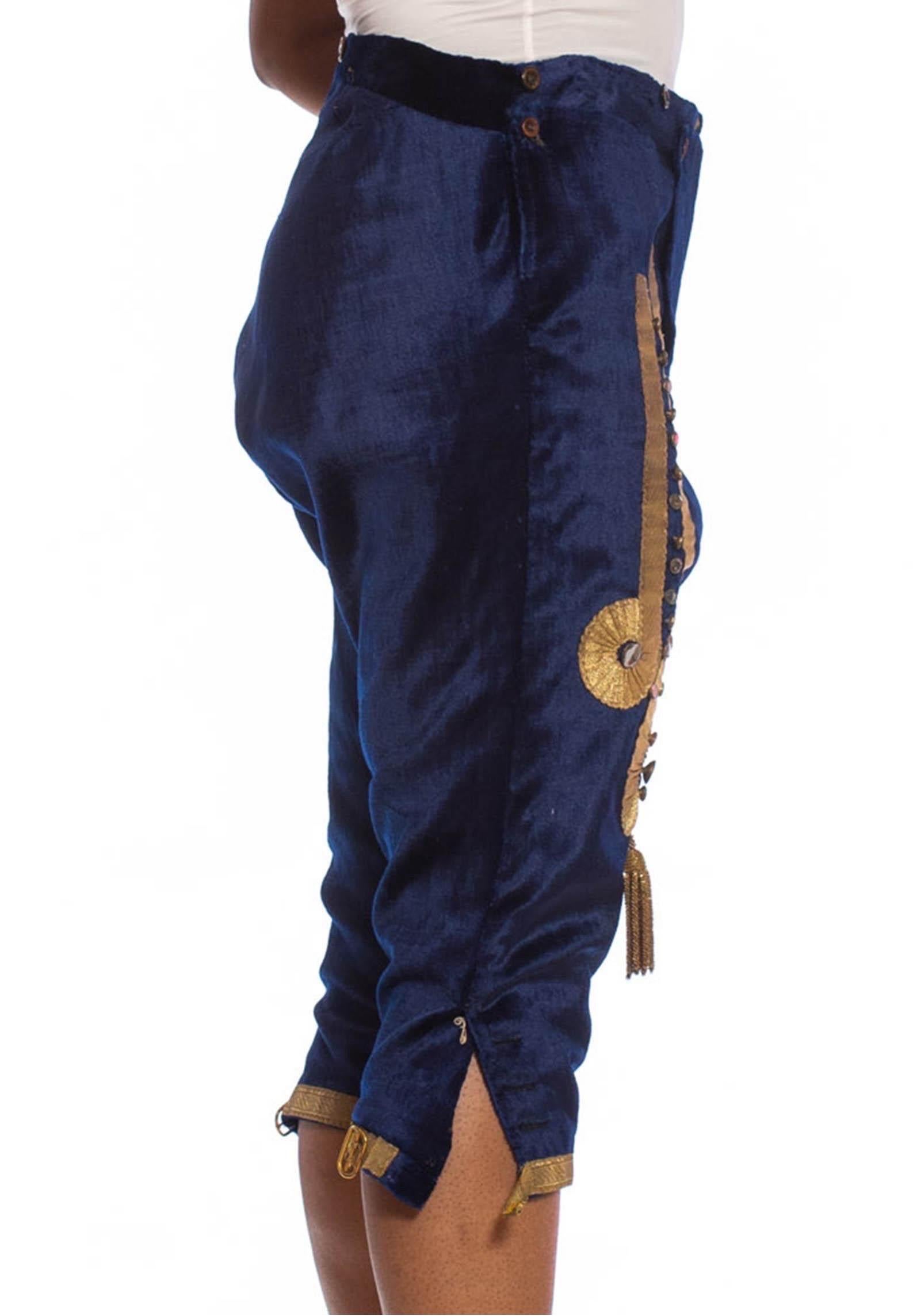 Blue  Wool Velvet Men's Antique 1700S Historical Folk Pants With Metallic Embel In Excellent Condition For Sale In New York, NY
