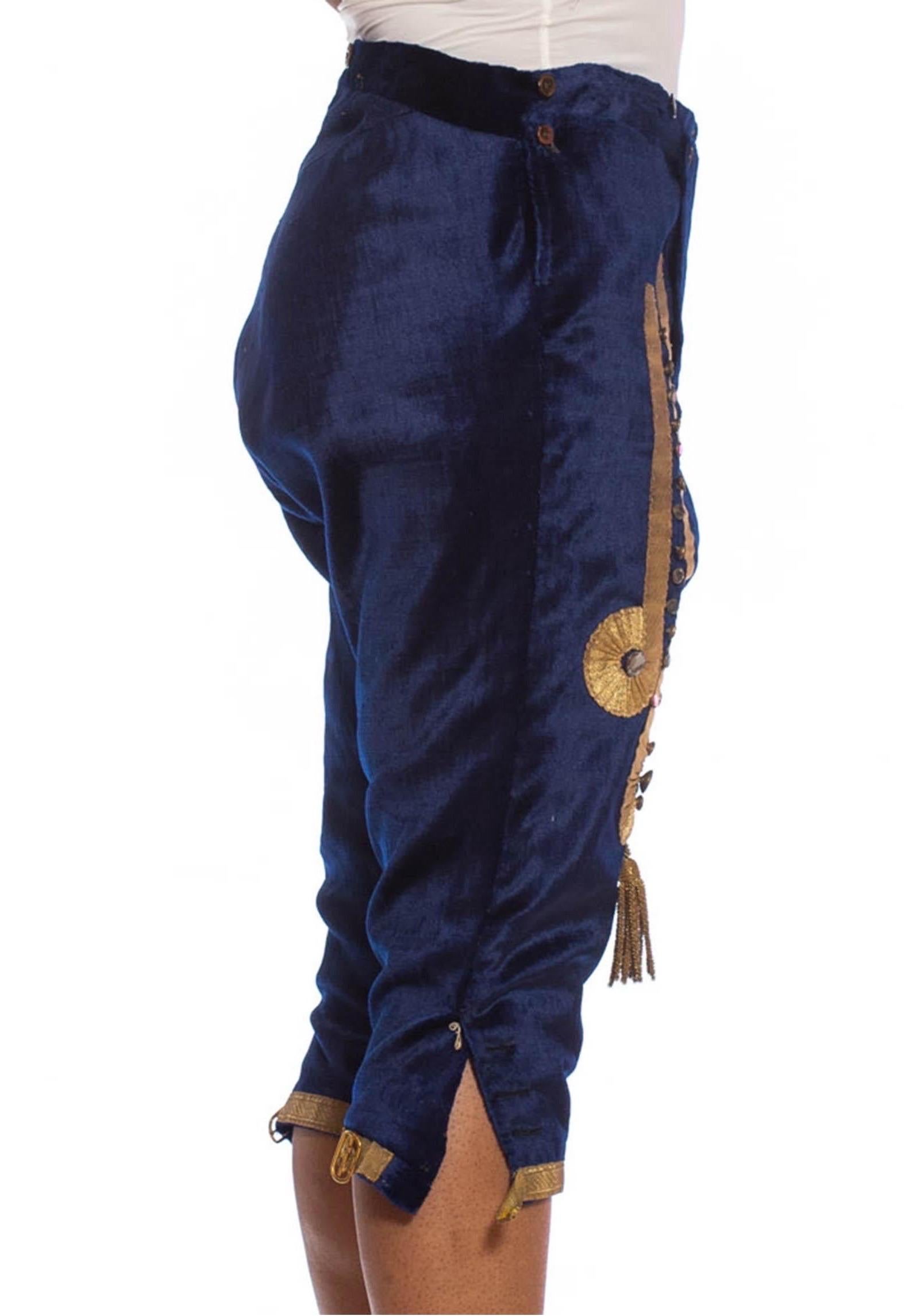 Blue  Wool Velvet Men's Antique 1700S Historical Folk Pants With Metallic Embel For Sale 2