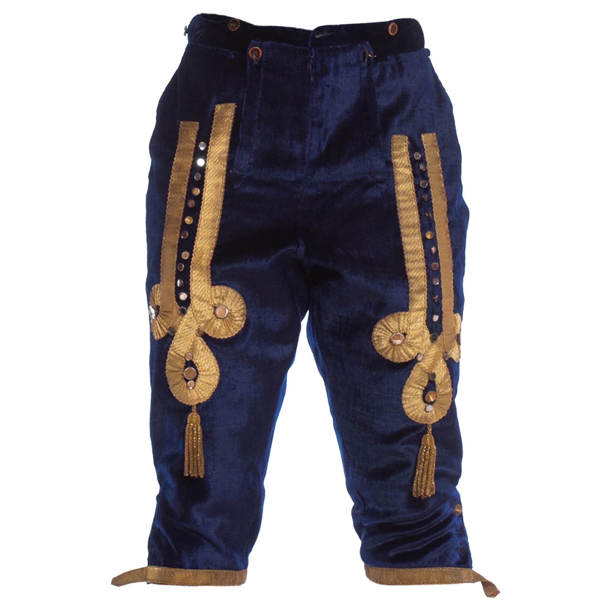 Blu  Velluto di lana da uomo Antico 1700S Pantaloni Folk Storici Con Ricami Metallici in vendita