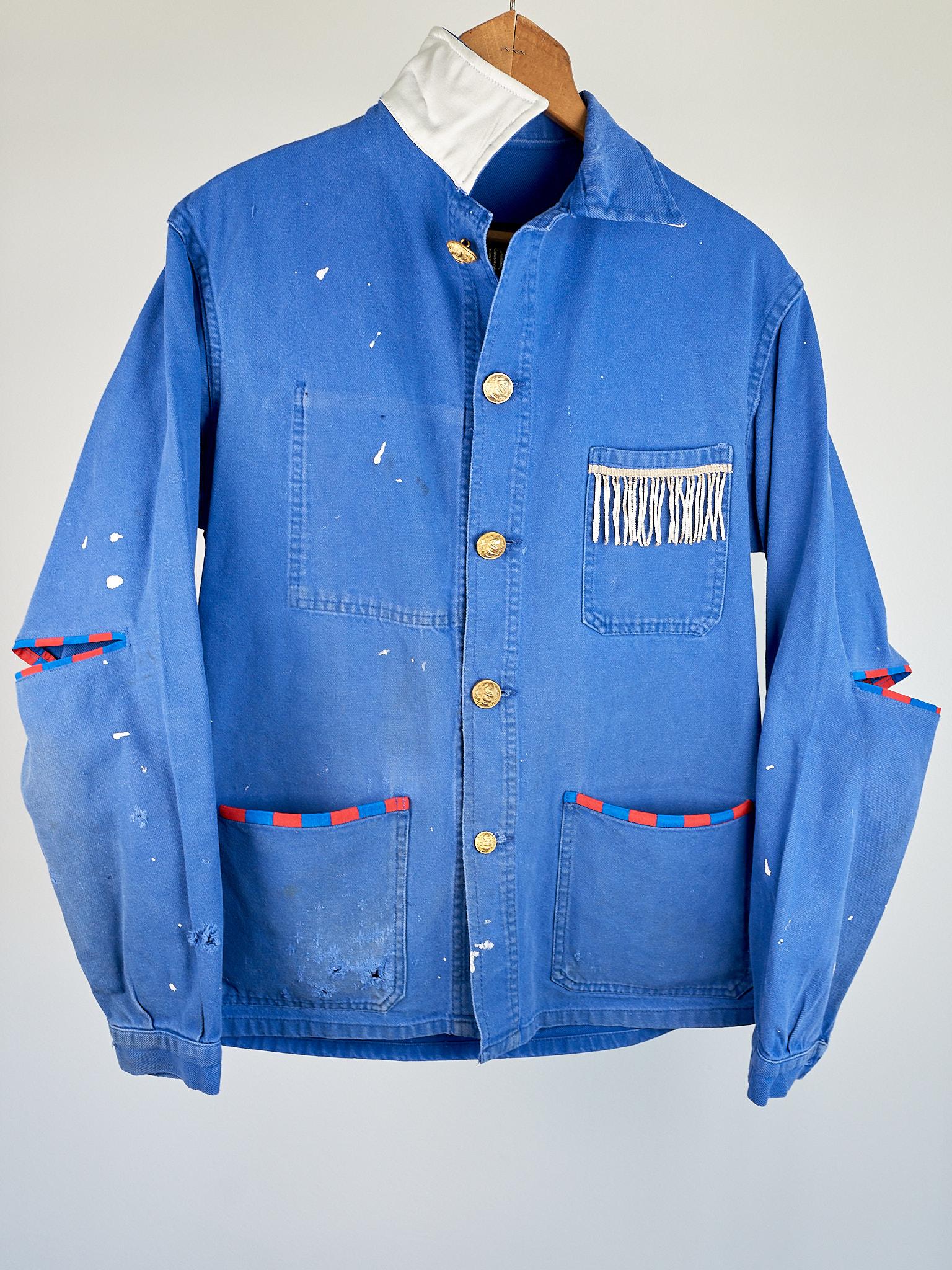 Blue Work Wear Jacket Vintage Silver Bullion Fringes Italian Silk 6