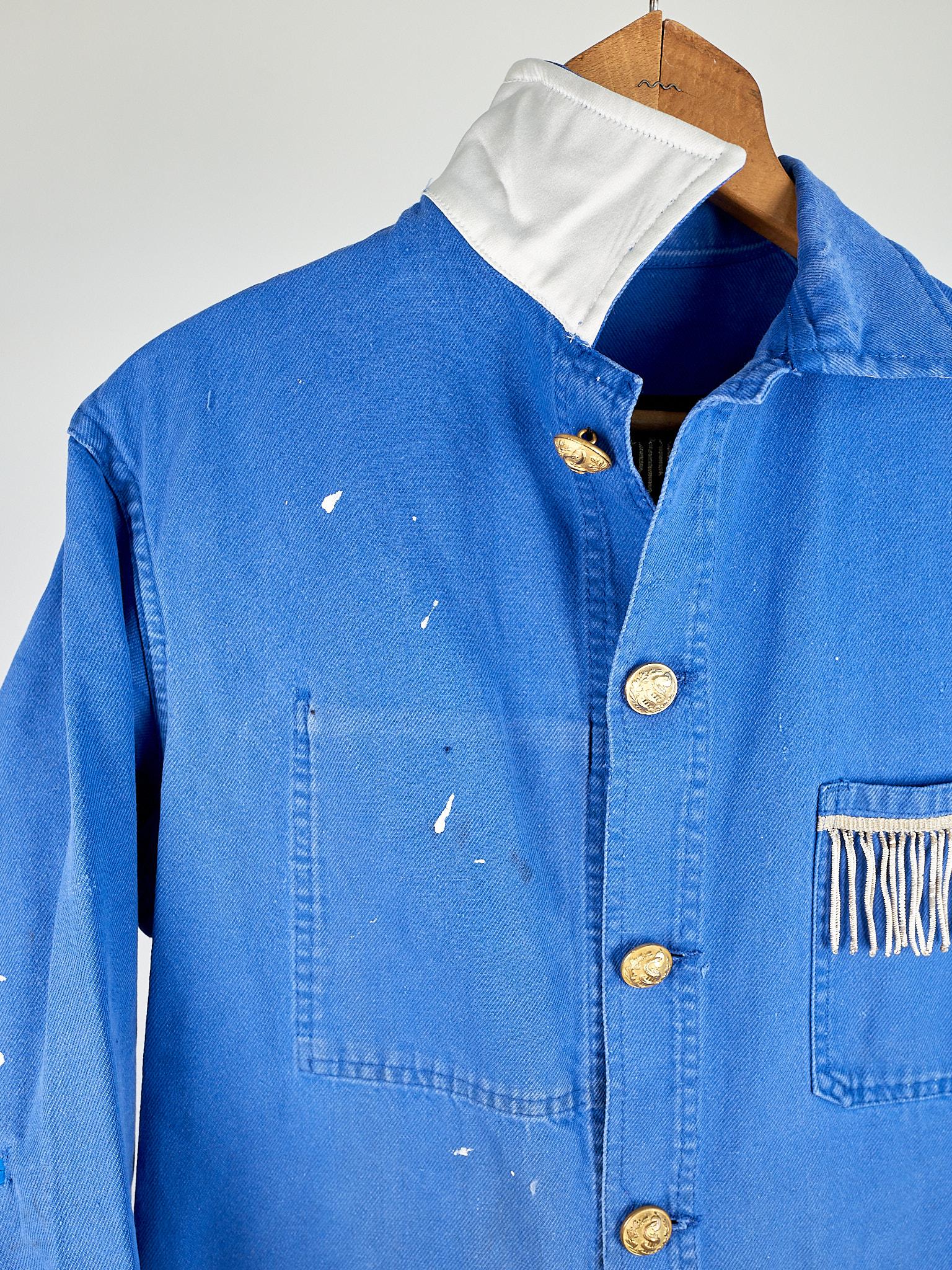 Blue Work Wear Jacket Vintage Silver Bullion Fringes Italian Silk In New Condition In Los Angeles, CA