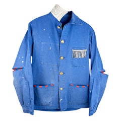 Blue Work Wear Jacket Vintage Silver Bullion Fringes Italian Silk