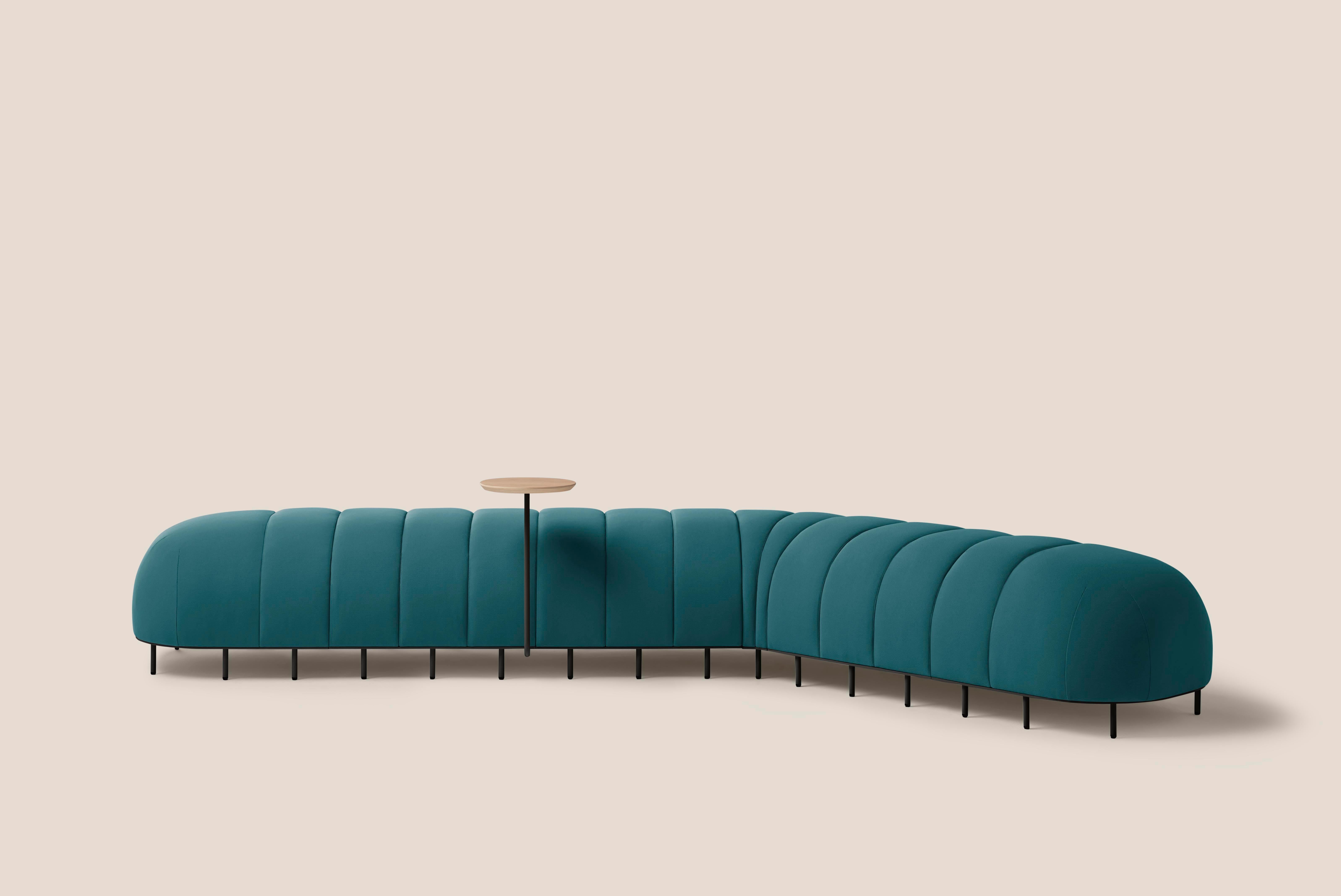 Blue worm bench V by Pepe Albargues
Dimensions: D 65 x W 280 x H 50 cm
Materials: Plywood, foam CMHR, iron
Available in different colors. Custom modules convinations available

1 x Curved module
3 x Straight module
2 x End module
1 x Side