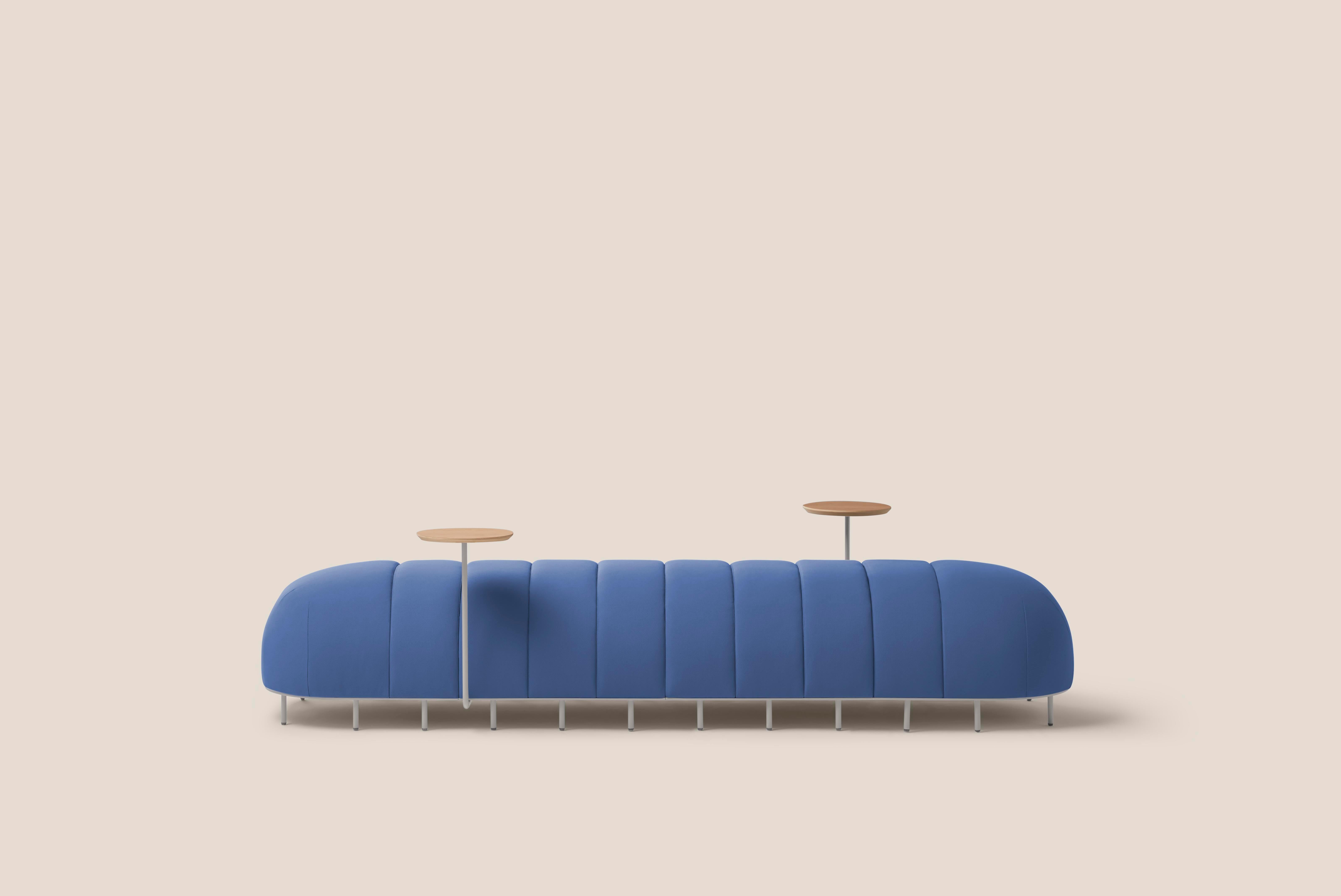 Blue worm bench VI by Clap Studio
Dimensions: D 65 x W 230 x H 50 cm
Materials: Plywood, foam CMHR, iron
Available in different colors. Custom modules convinations available

2 x straight module
2 x end module
2 x side table

Worm is an