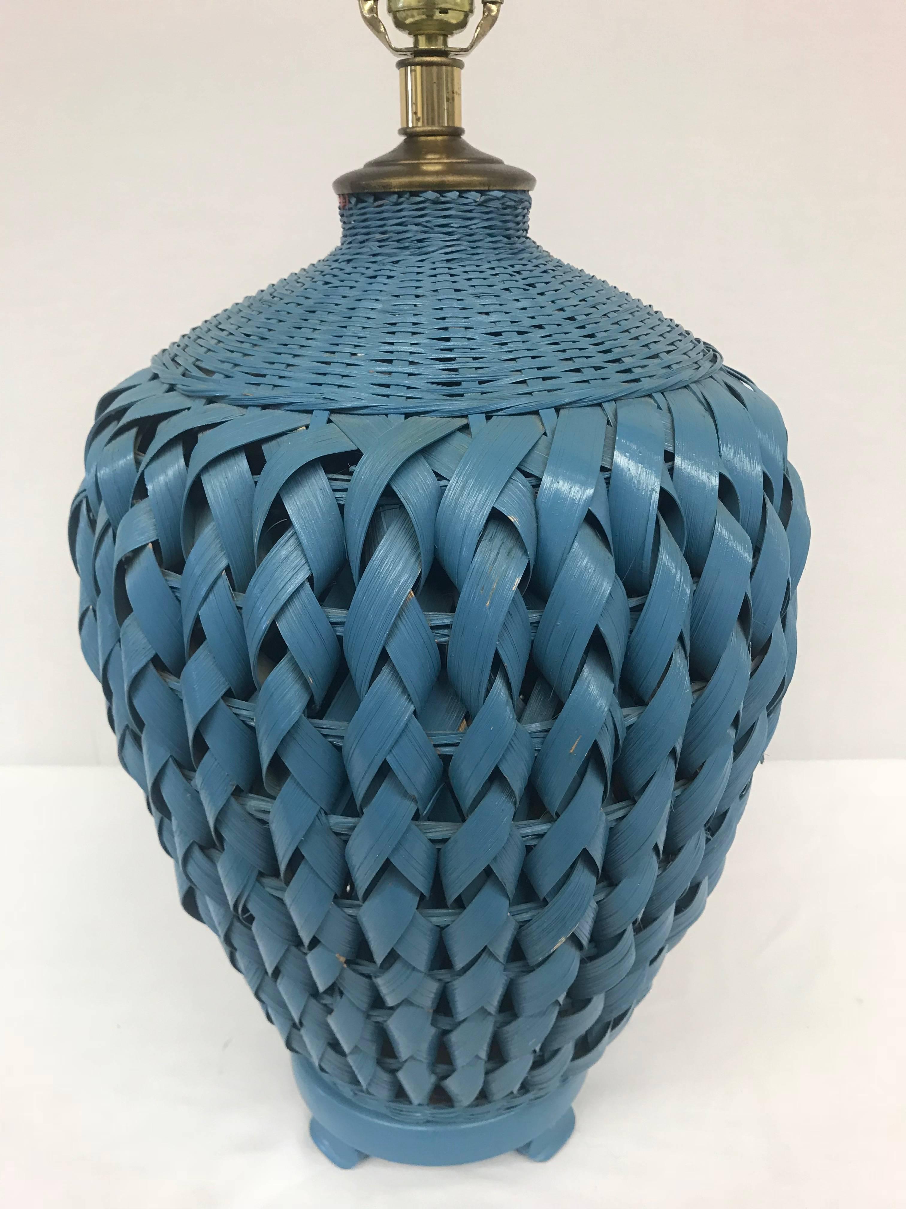 Blue Woven Wicker Table Lamp with Lacquered Shade For Sale 4