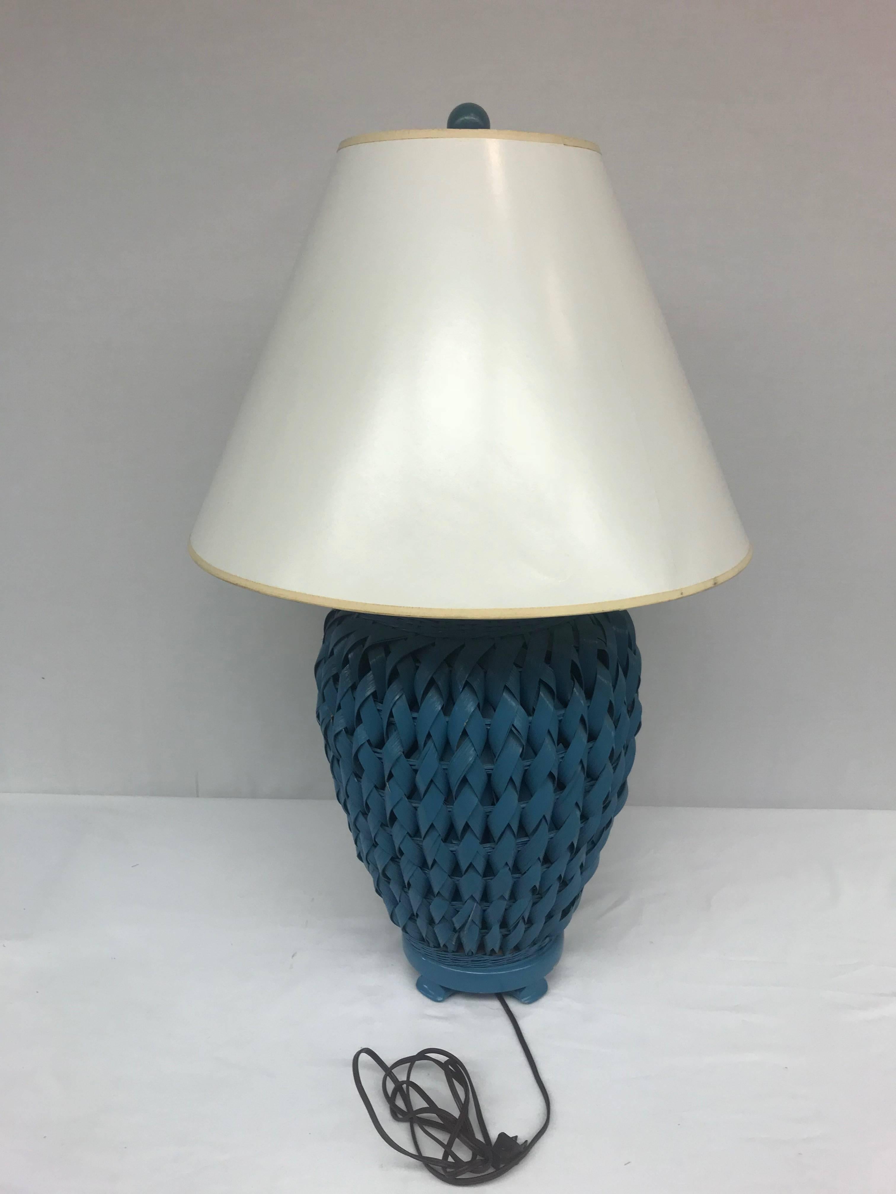 Blue Woven Wicker Table Lamp with Lacquered Shade In Good Condition For Sale In High Point, NC