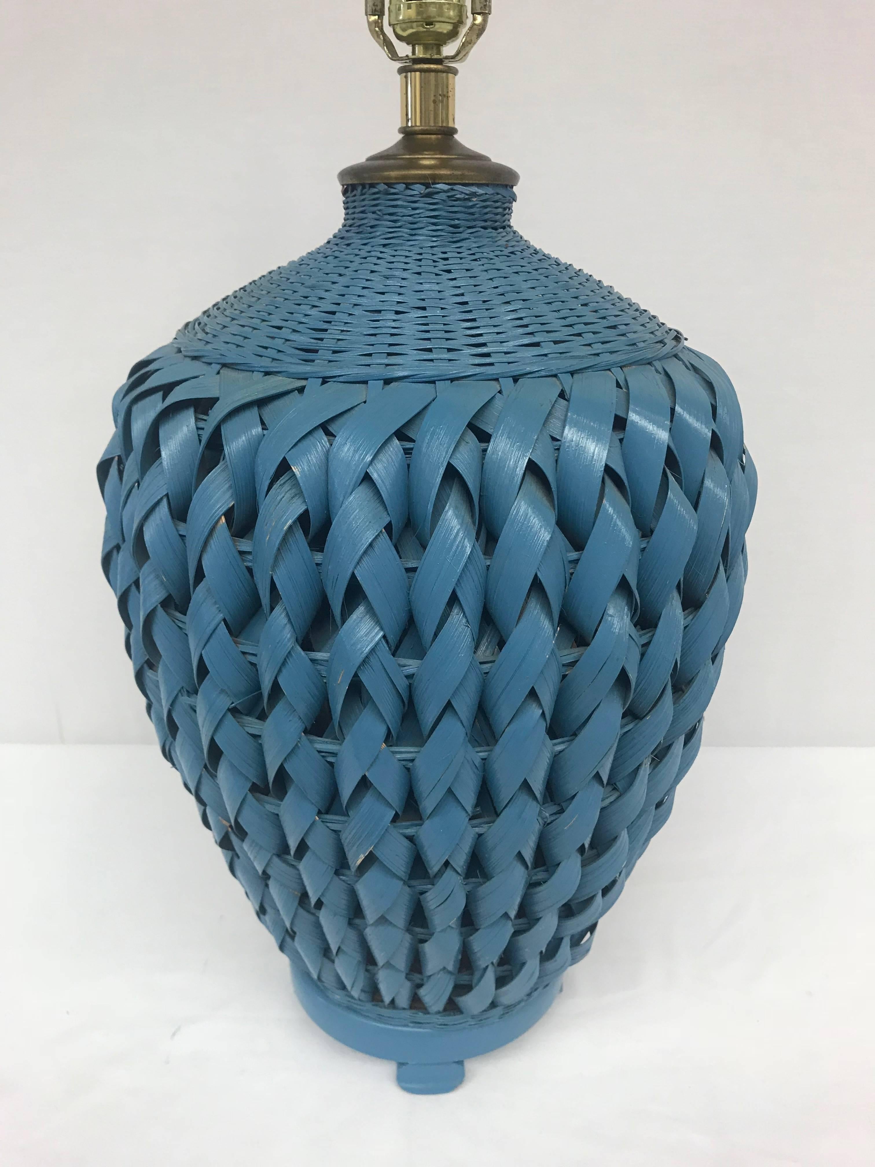 Blue Woven Wicker Table Lamp with Lacquered Shade For Sale 1