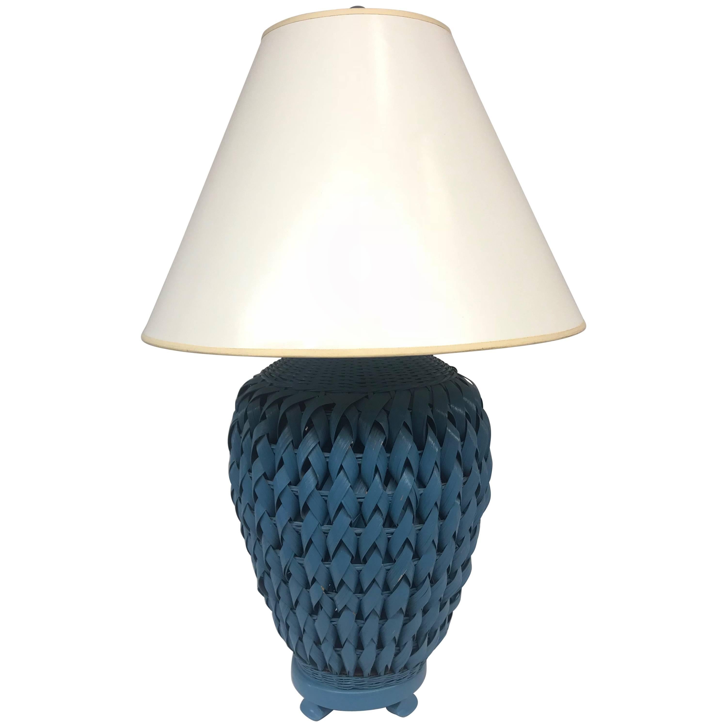 Blue Woven Wicker Table Lamp with Lacquered Shade For Sale
