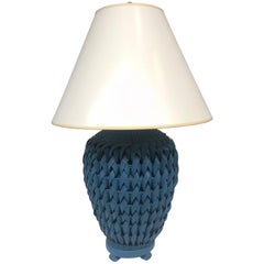 Blue Woven Wicker Table Lamp with Lacquered Shade