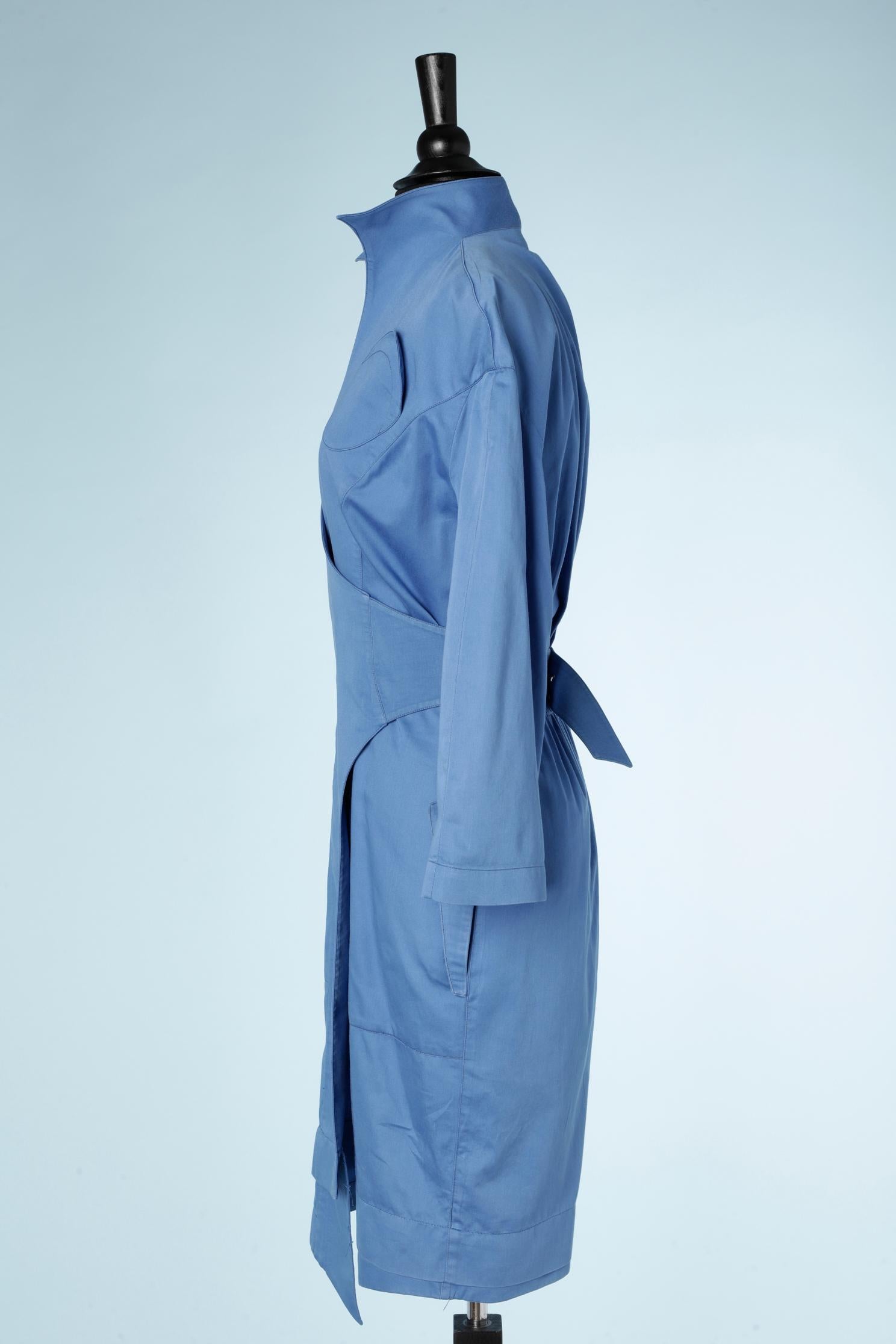 Robe en coton enveloppé bleu THIERRY MUGLER Circa 1990's Pour femmes en vente