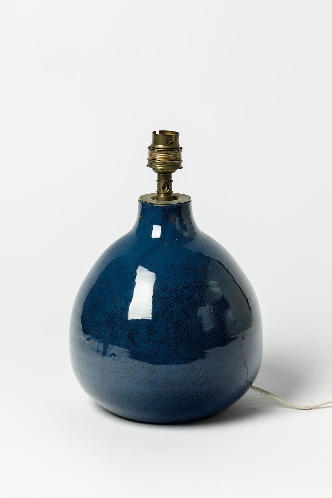 French Blue Xxth Century Design Ceramic Table Lamp Signed circa 1970 Unique Piece