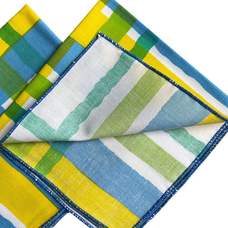 Mid-Century Modern Blue Yellow and Green Cotton Table Napkins - Set of 4 For Sale