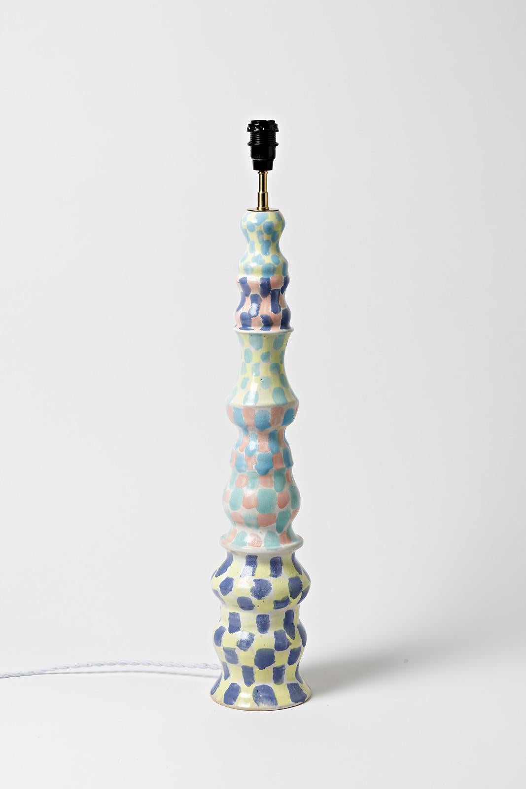 Mathilde Sauce

Unique piece, realised in 2021

Large stoneware ceramic table lamp

Blue, white and yellow ceramic glazes colors

Electrical system is new

Signed under the base

Ceramic measures - height : 55 cm Large : 12 cm
Measures