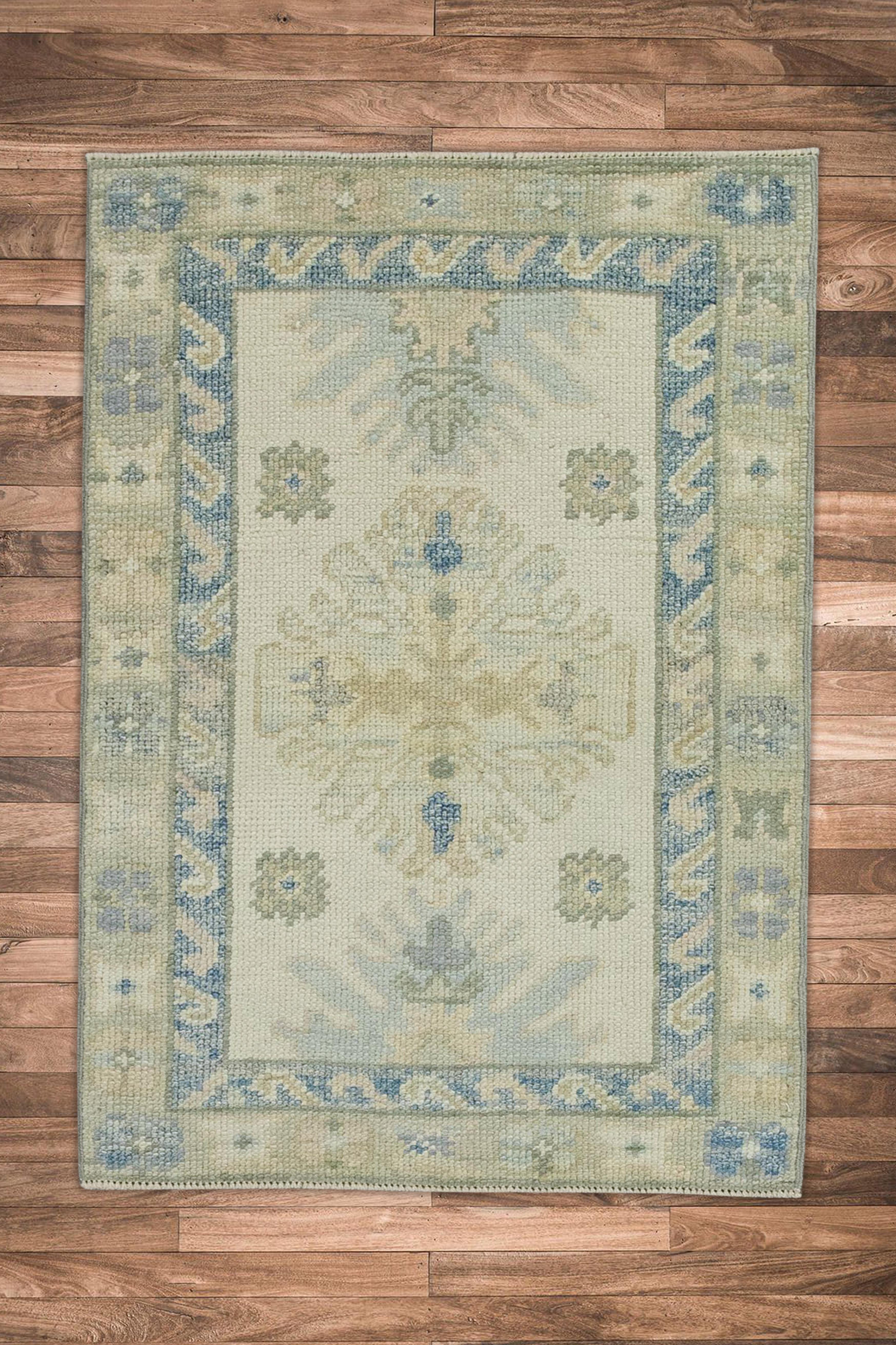 Contemporary Blue & Yellow Geometric Design Handwoven Wool Turkish Oushak Rug For Sale