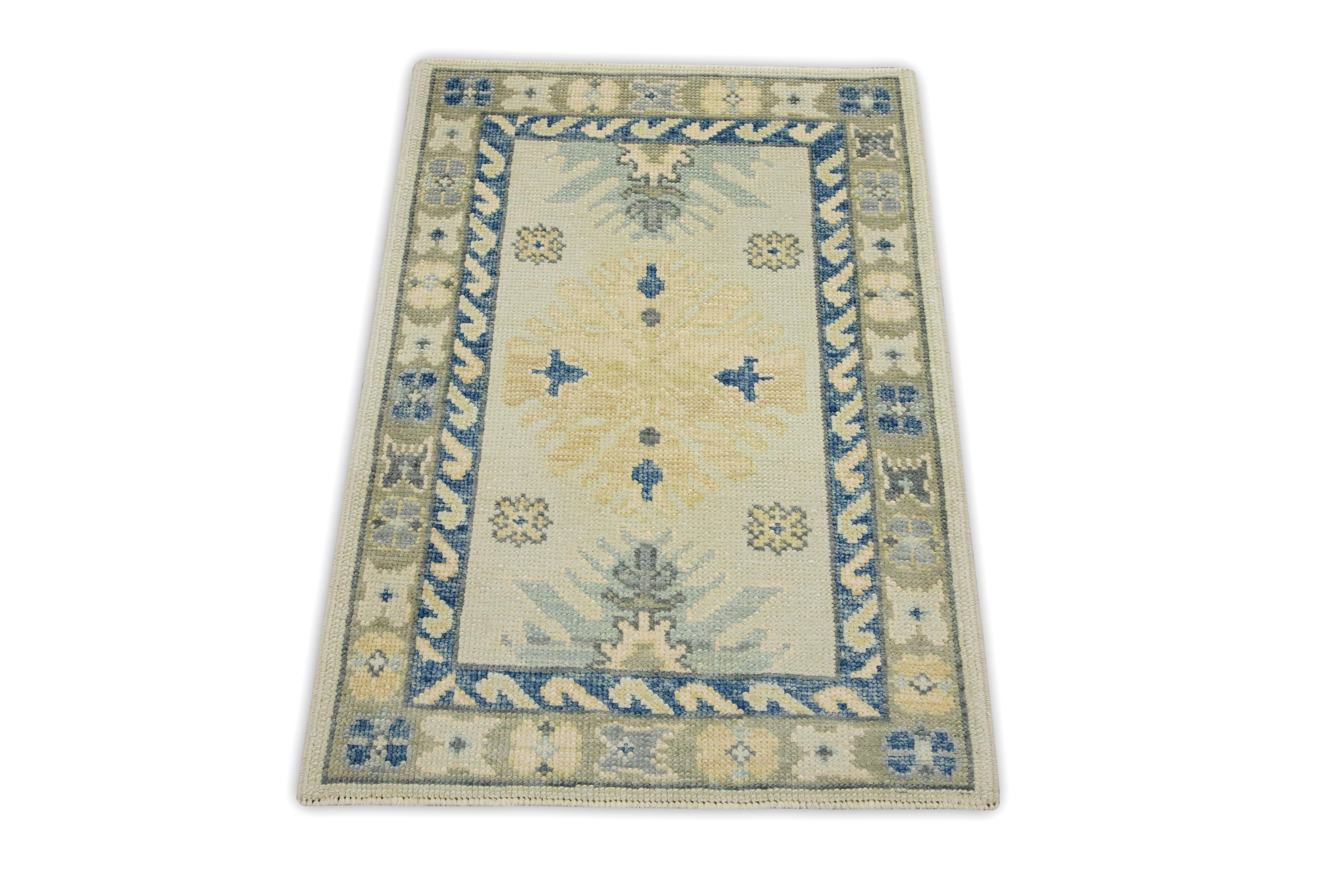 Blue & Yellow Geometric Design Handwoven Wool Turkish Oushak Rug In New Condition For Sale In Houston, TX