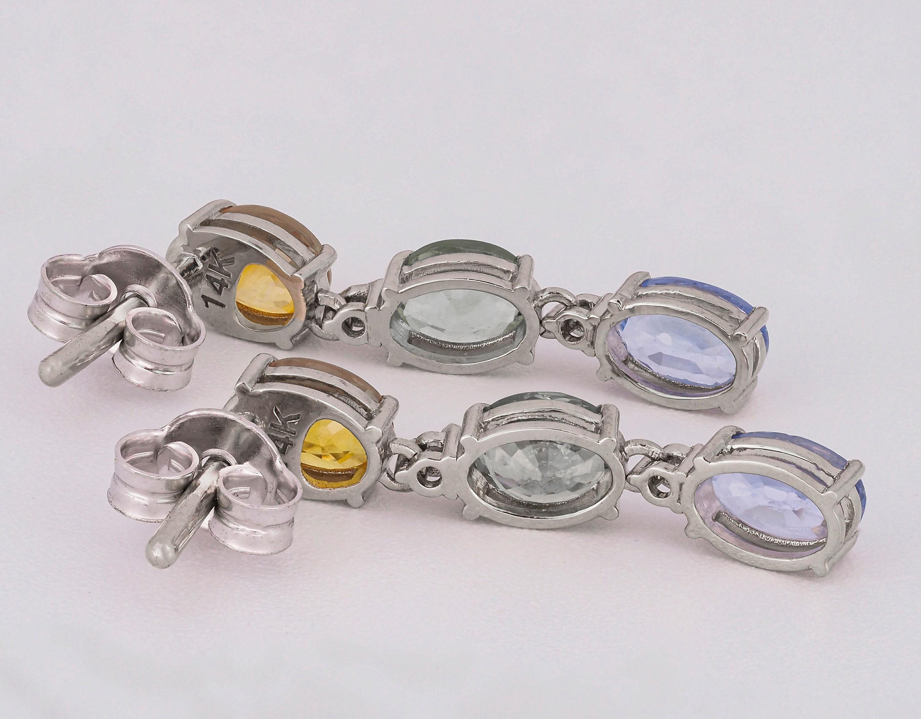 Blue, yellow green sapphire 14k gold earrings For Sale 4