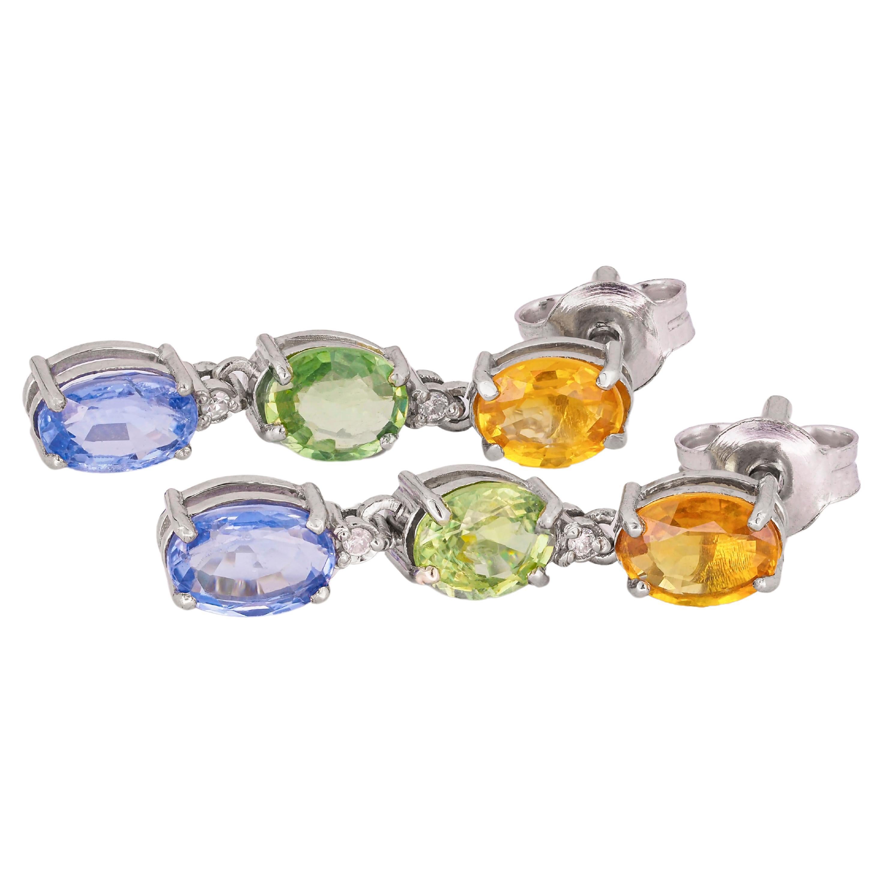 Blue, yellow green sapphire 14k gold earrings. For Sale