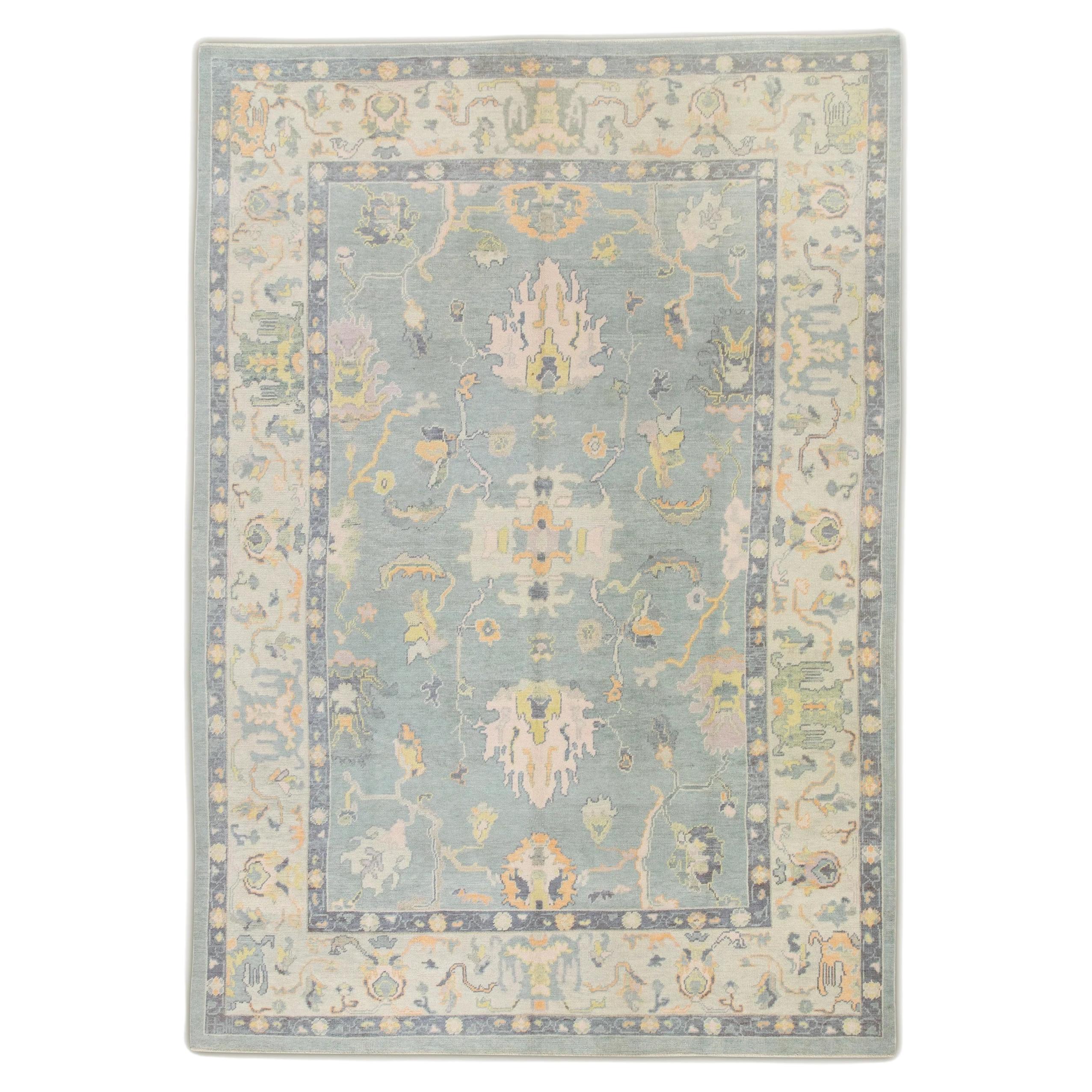 Tapis d'Oushak turc en laine bleu et jaune tissé à la main 9'1" x 12'11".