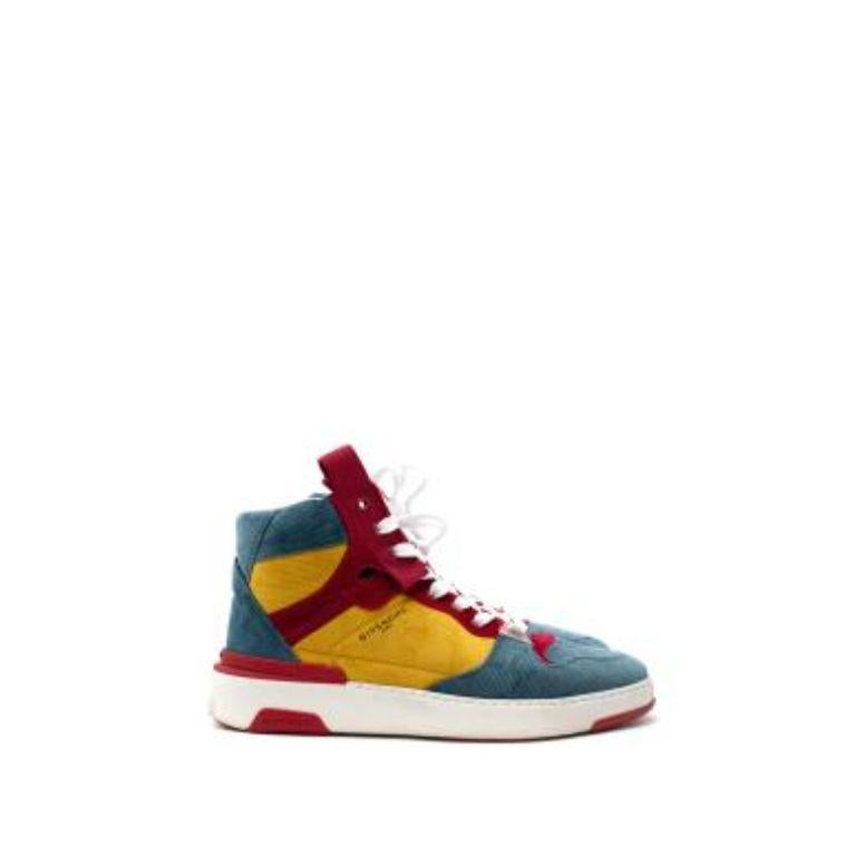 Blue & Yellow Ribbed Velvet Three-toned Wing Sneakers For Sale 3