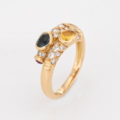 Blue & Yellow Sapphire Diamond Bypass Band Vintage 18k Yellow Gold Ring