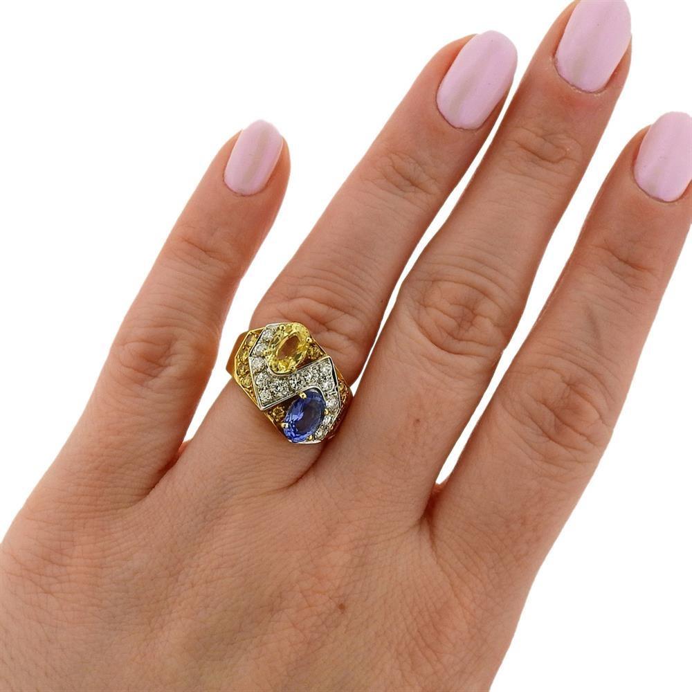 Blue Yellow Sapphire Diamond Gold Ring For Sale 1