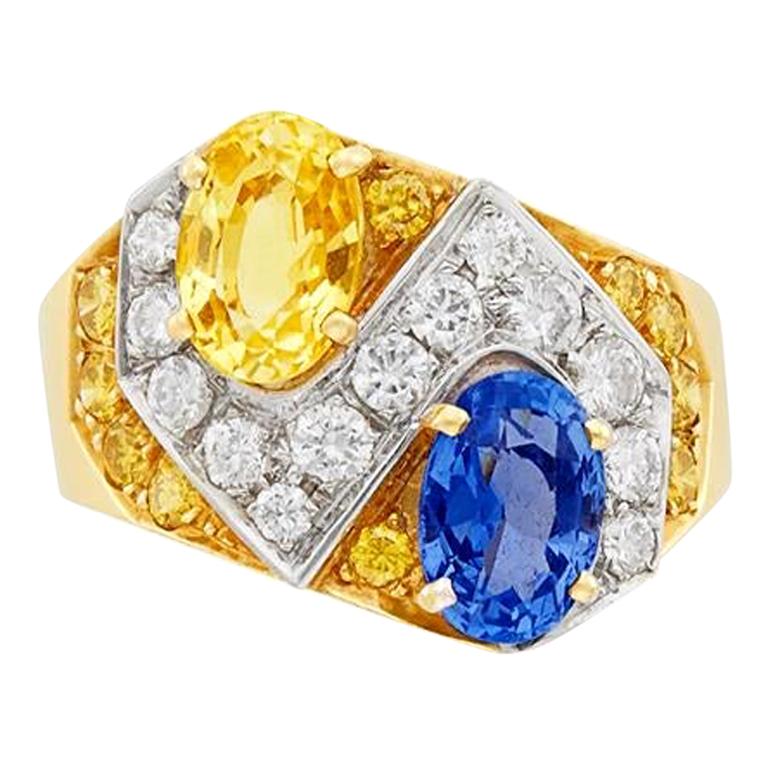 Blue Yellow Sapphire Diamond Gold Ring For Sale