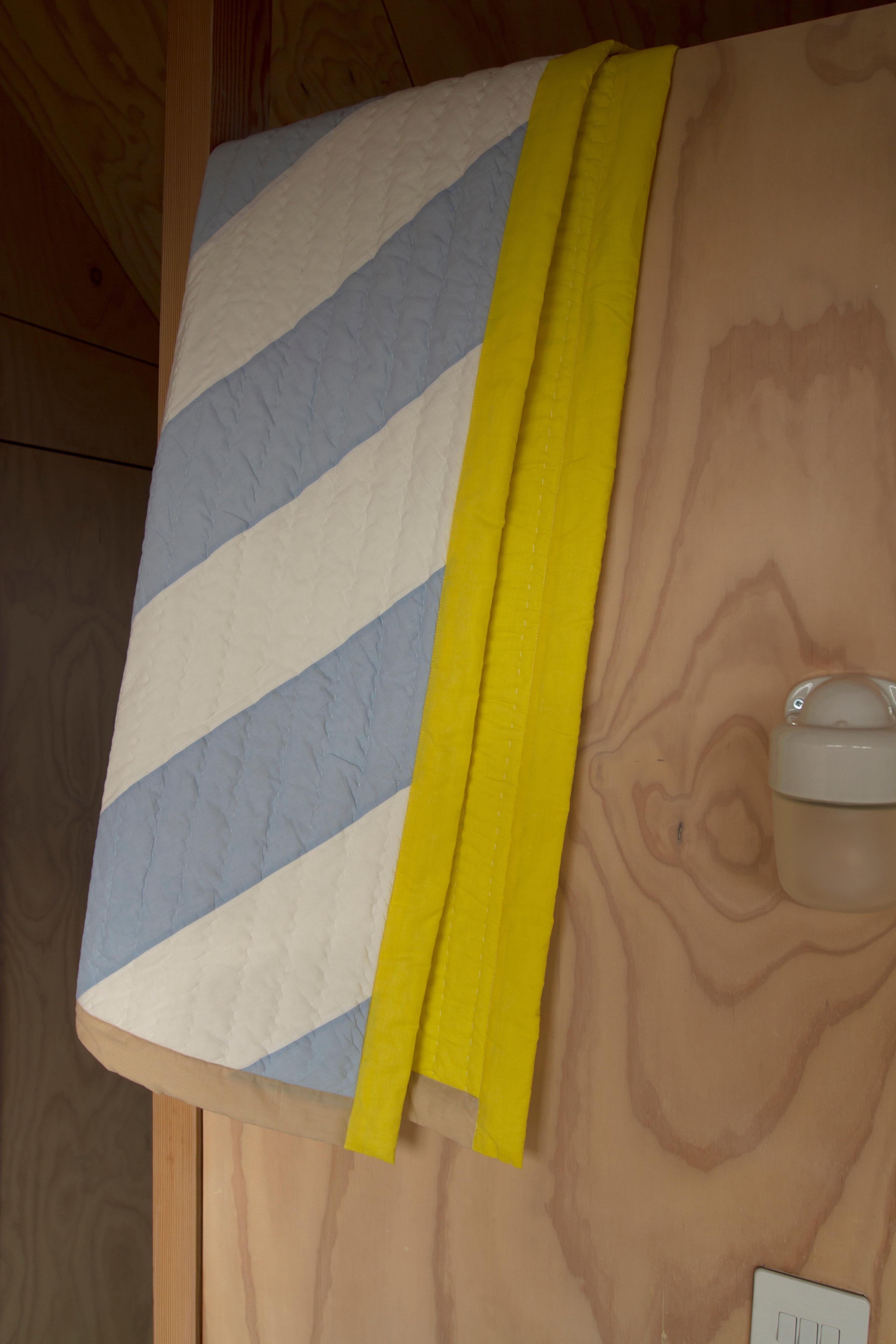 Modern Blue & yellow, small hand quilted patchwork bed quilt, organic cotton, throw For Sale