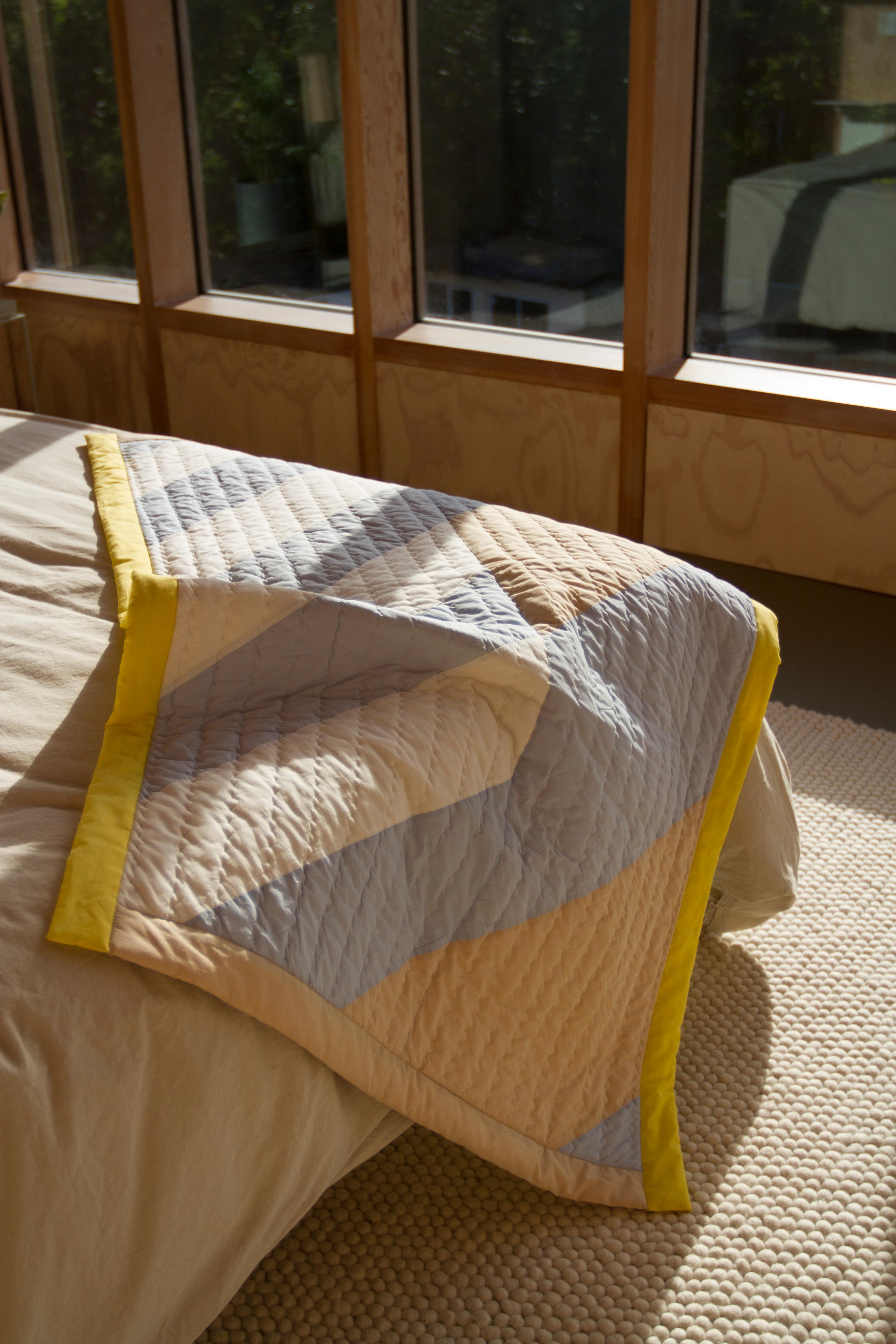 Indian Blue & yellow, small hand quilted patchwork bed quilt, organic cotton, throw For Sale